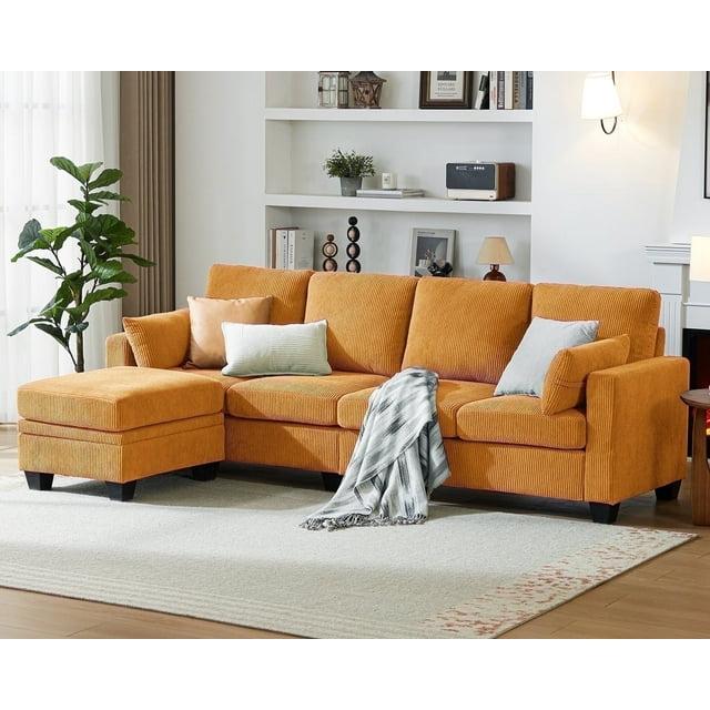 Latitude Run® Corduroy Modular Sectional Couch with Ottoman Chaise, L Shaped 4-seat Sofa for Living Room, Apartment, Lounge, Modern Armrest Neck Support Furniture