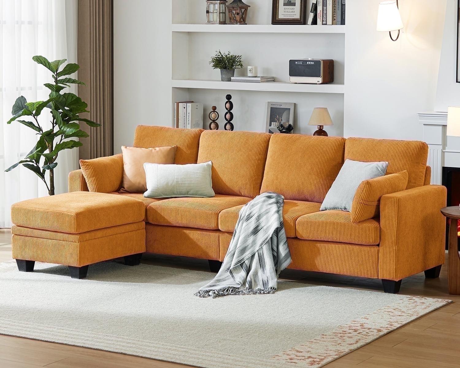 Latitude Run® Corduroy Modular Sectional Couch with Ottoman Chaise, L Shaped 4-seat Sofa for Living Room, Apartment, Lounge, Modern Armrest Neck Support Furniture