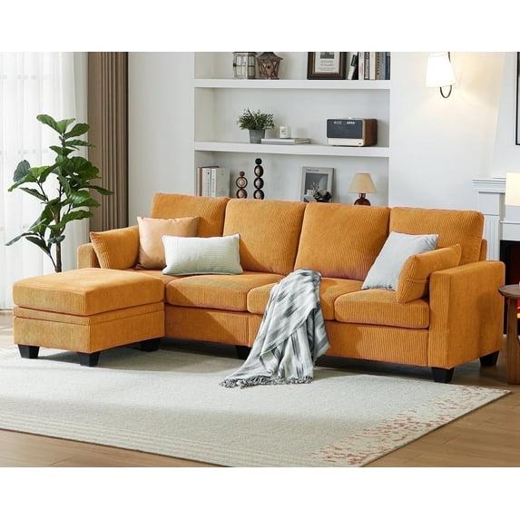 Latitude Run® Corduroy Modular Sectional Couch with Ottoman Chaise, L Shaped 4-seat Sofa for Living Room, Apartment, Lounge, Modern Armrest Neck Support Furniture