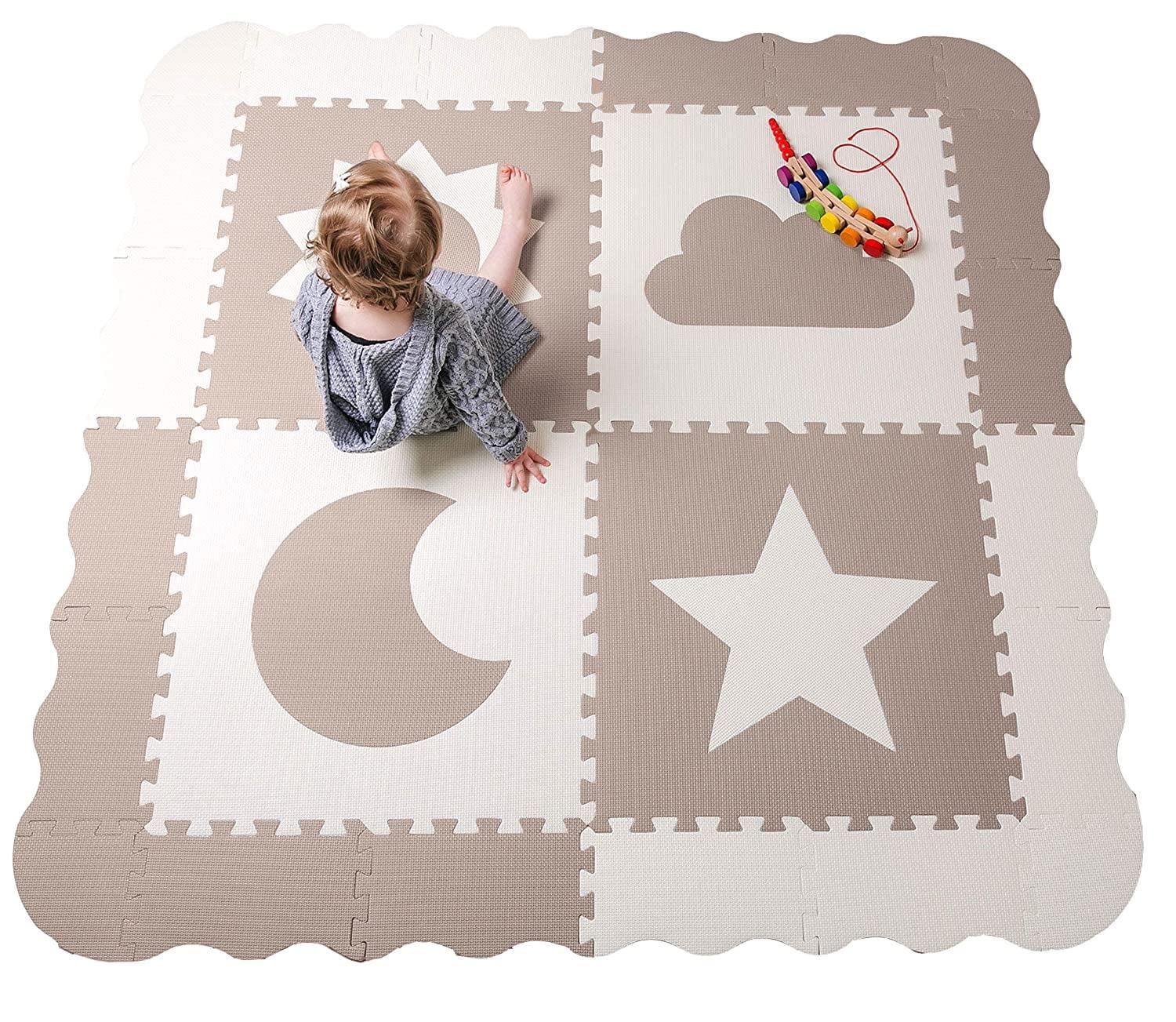 CHILDLIKE BEHAVIOR Baby Play Mat Tiles - Non Toxic Foam Floor Mat for Playroom & Nursery, 61"x61" X-Large, Biege