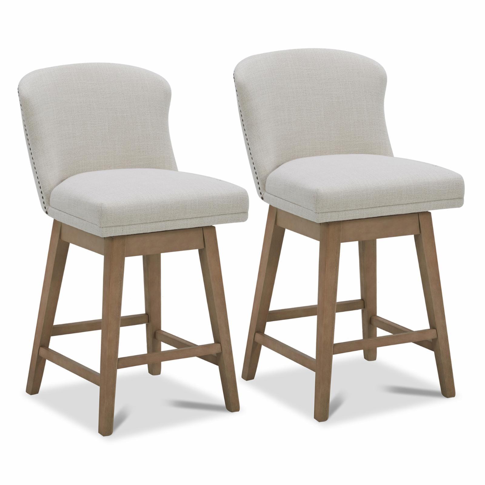 Linen Upholstered Swivel Counter Stools with Wood Legs, Set of 2