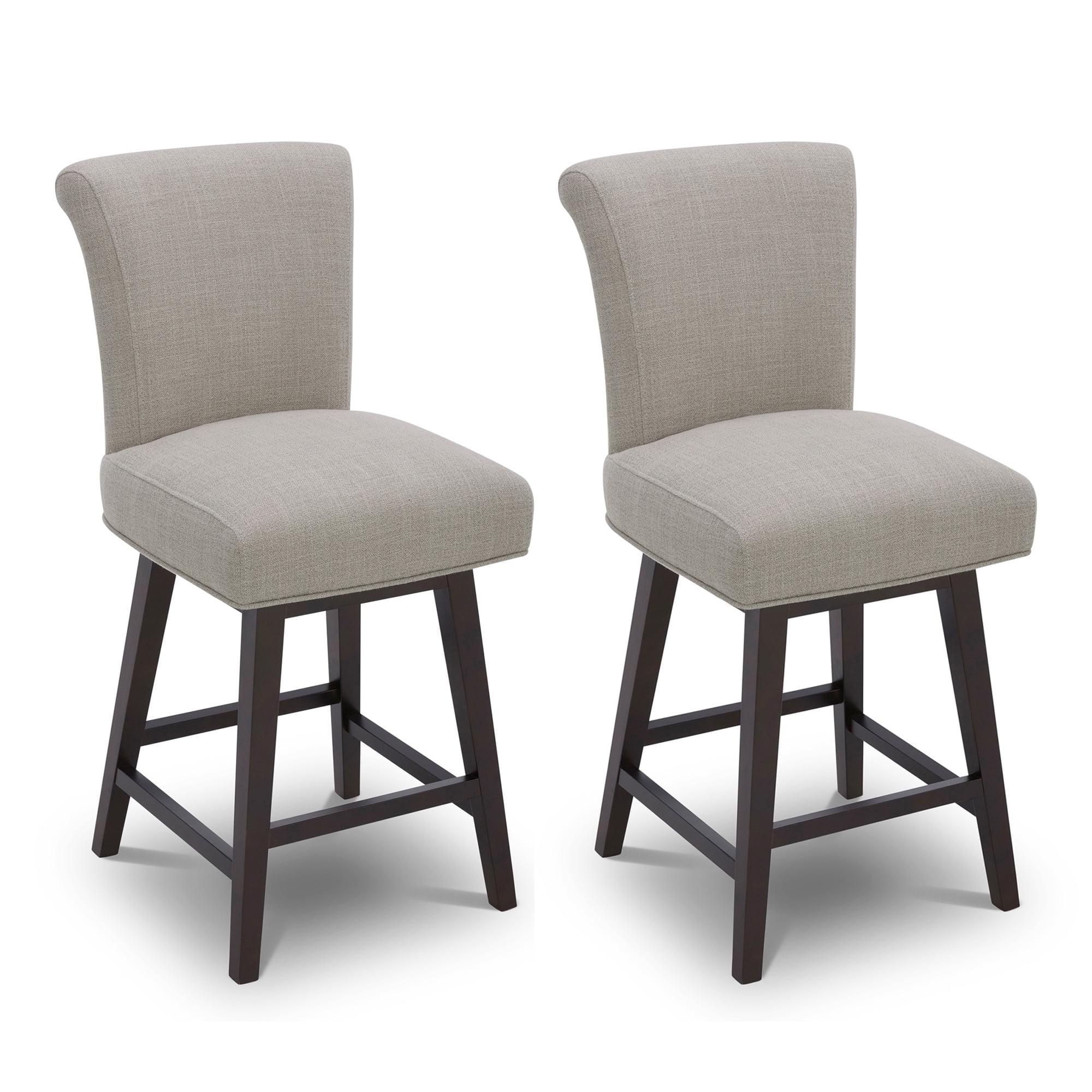 Flax Beige Upholstered Swivel Counter Stools with Wood Legs, Set of 2