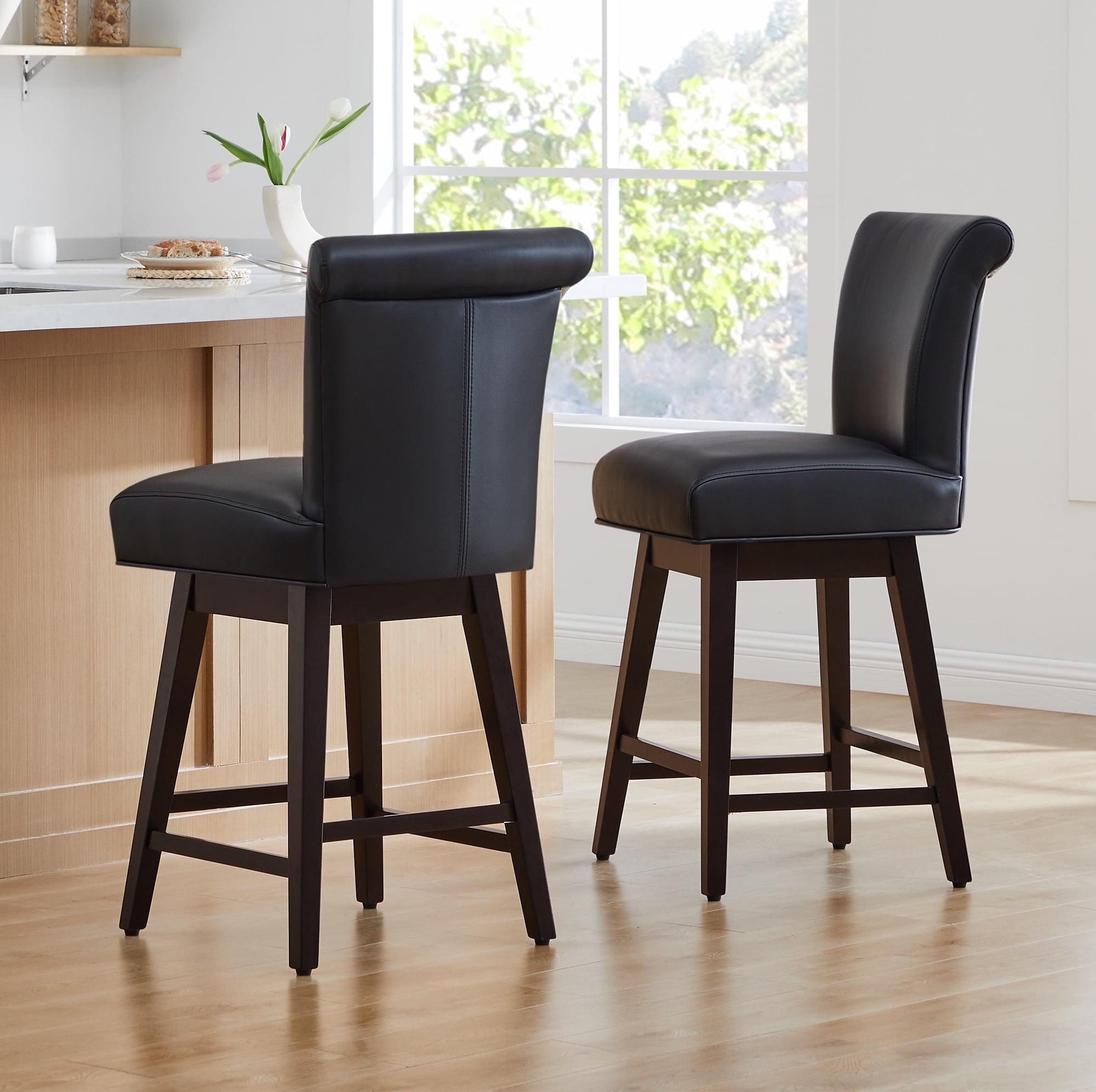 CHITA 26 in Upholstered Swivel Counter Bar Stools with Back&Wood Legs Set of 2, Faux Leather in Black