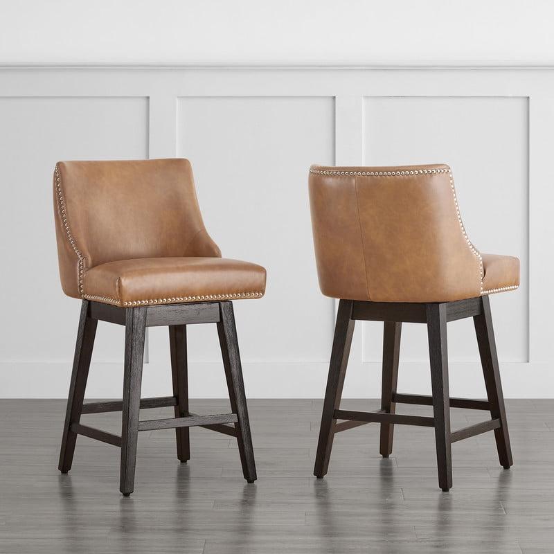 Cognac Brown 26'' Swivel Counter Stools with Nailhead Trim, Set of 2