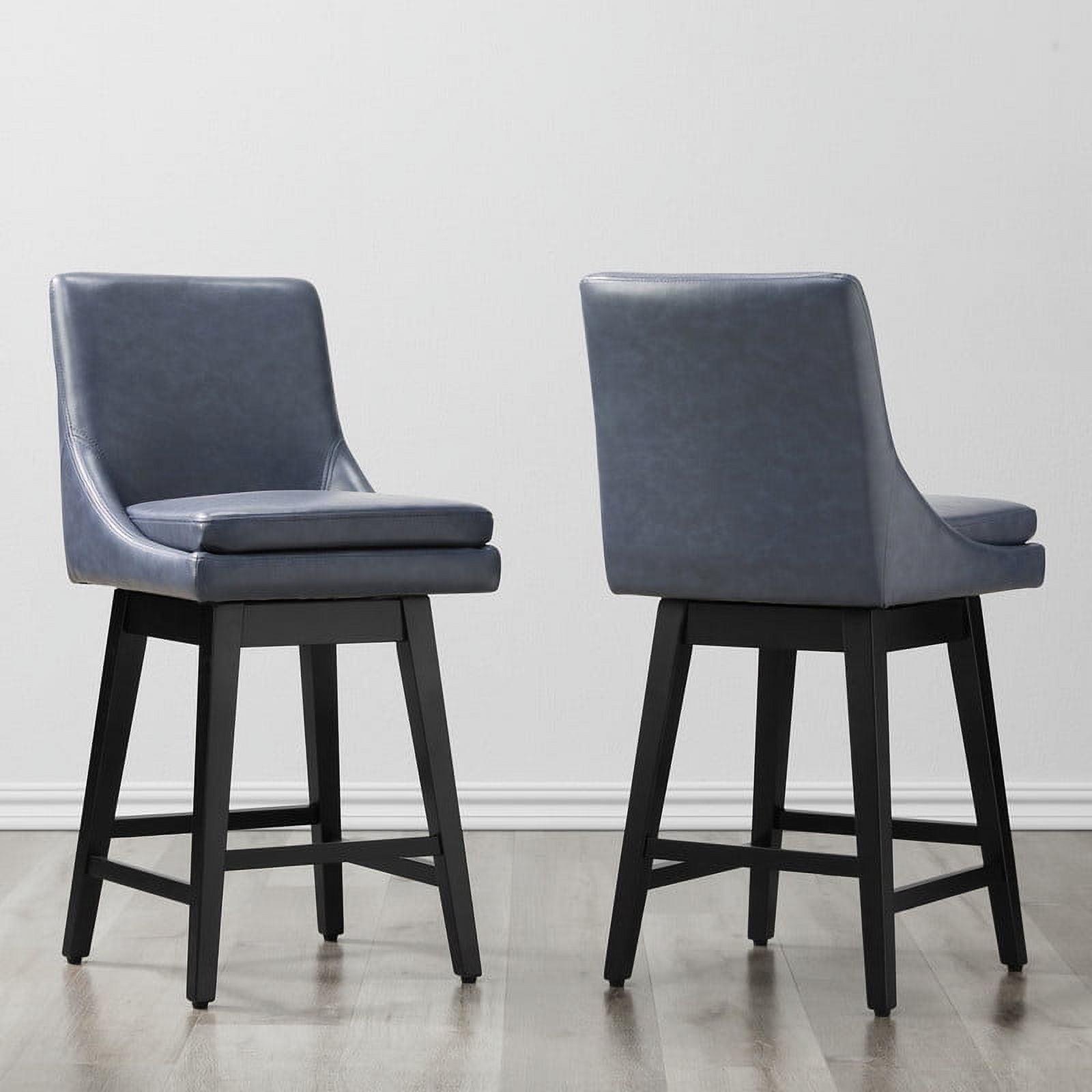 CHITA 26 inch Upholstered Swivel Fabric Counter Bar Stools with Back & Wood Legs Set of 2,Faux Leather in Navy Blue