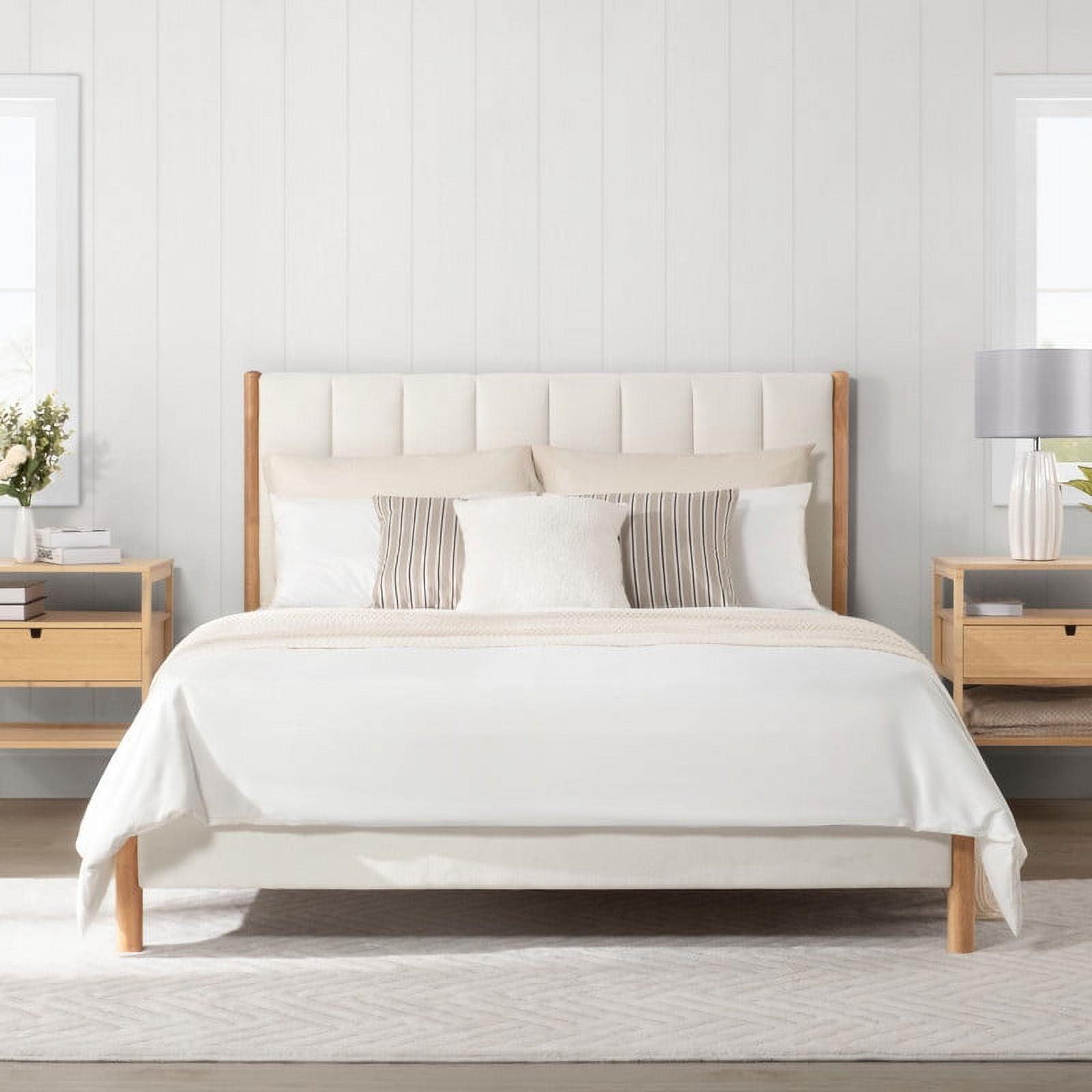 Cream Queen Solid Wood Upholstered Platform Bed with Tufted Headboard