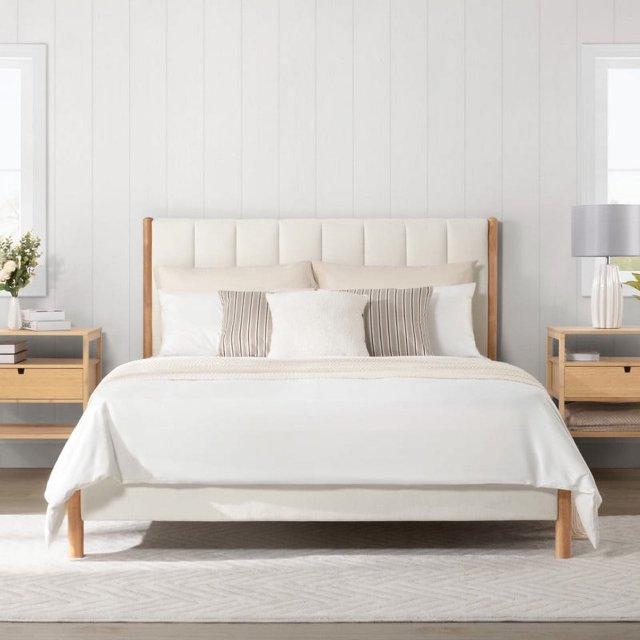 Rezana Solid Wood Boucle Upholstered Headboard Bed Frame