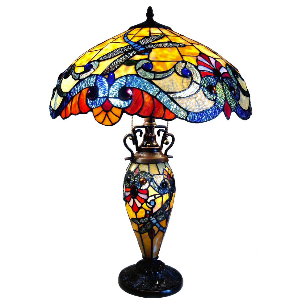RADIANCE Goods Tiffany Style 3 Light Dragonfly Double Lit Table Lamp 18" Shade