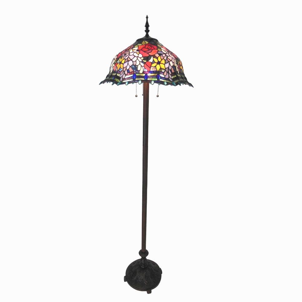 Carrell Antique Bronze Tiffany-Style Roses Floor Lamp with Stained Glass