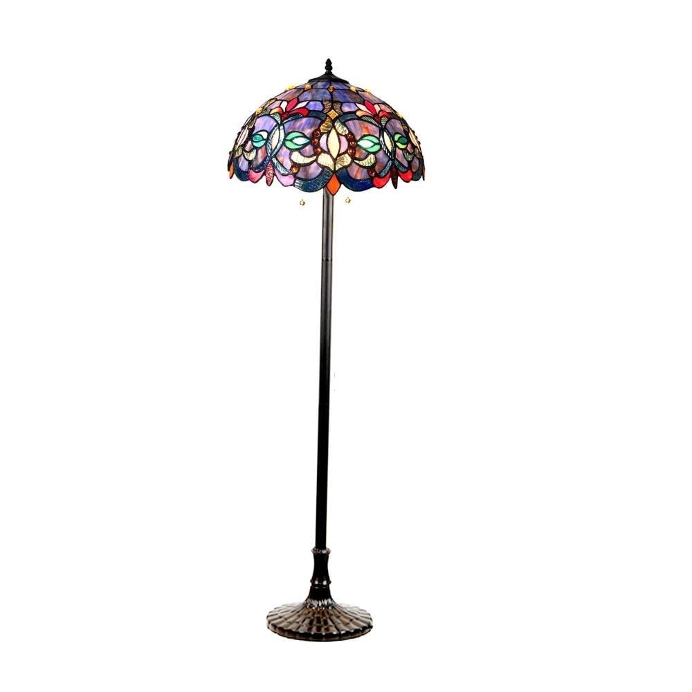 Antique Bronze Tiffany-Style Victorian Floor Lamp with Stained Glass Shade