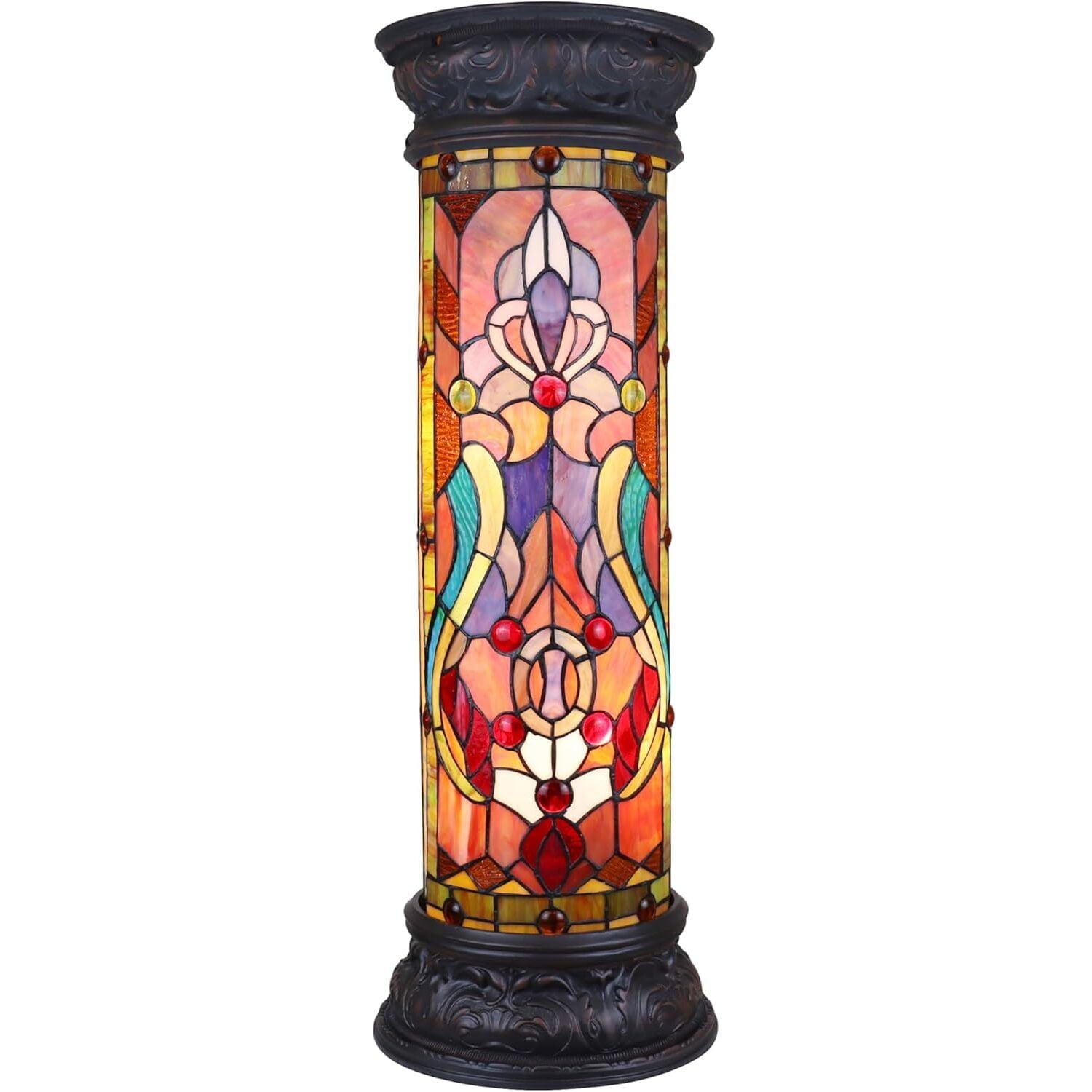 Victorian Stained Glass 30" Pedestal Lamp in Textured Black and Bronze