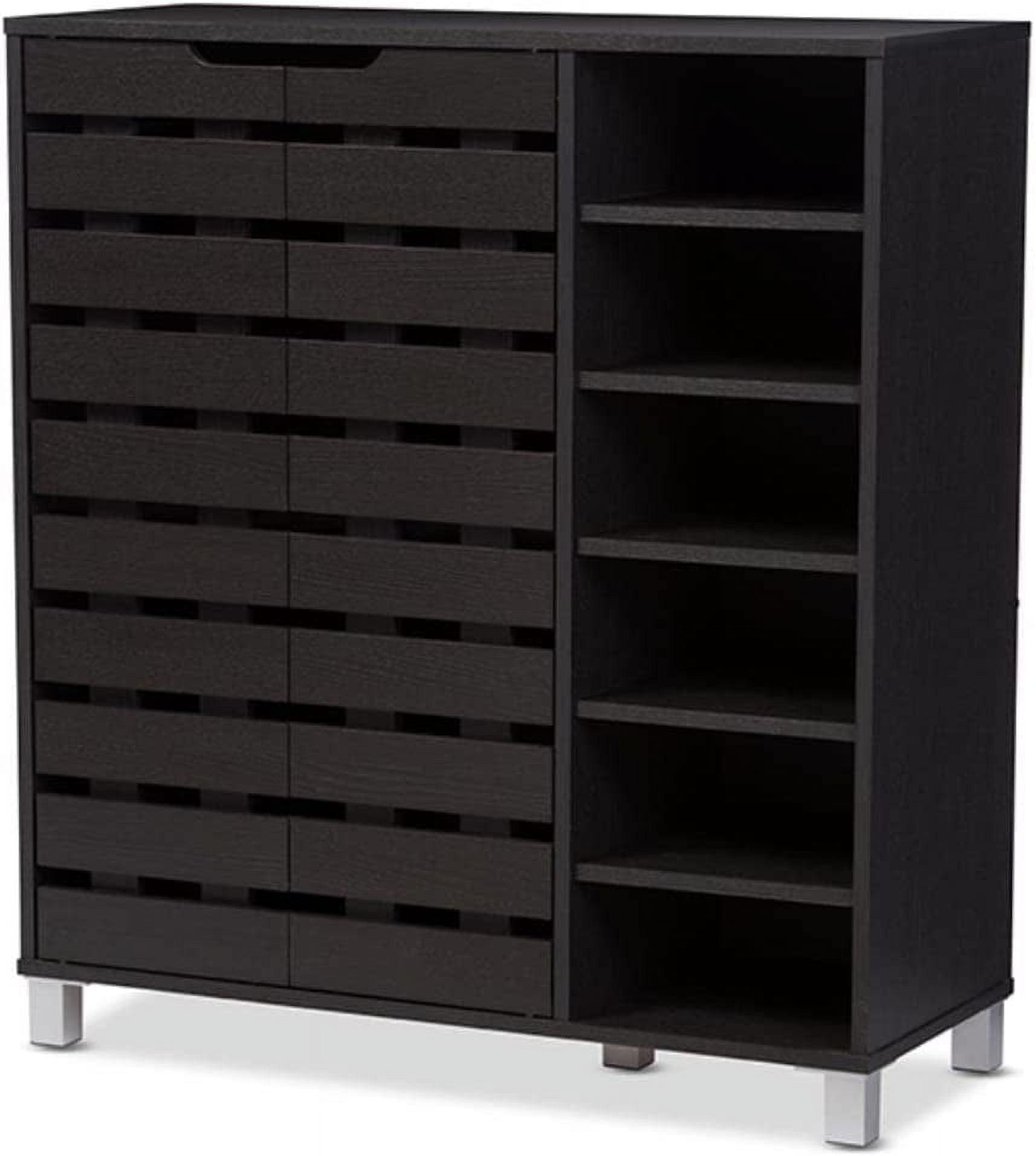 Shirley Modern and Contemporary Wood 2-Door Shoe Cabinet with Open Shelves - Dark Brown - Baxton Studio: Espresso Finish, Metal Frame, 10 Compartments