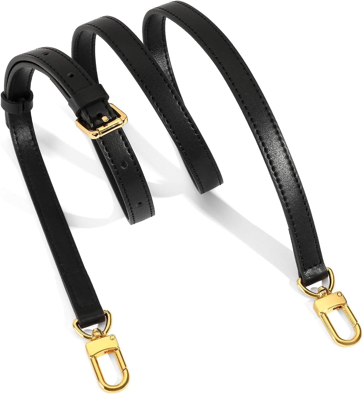 Black Genuine Leather Adjustable Crossbody Shoulder Strap with Gold Hardware