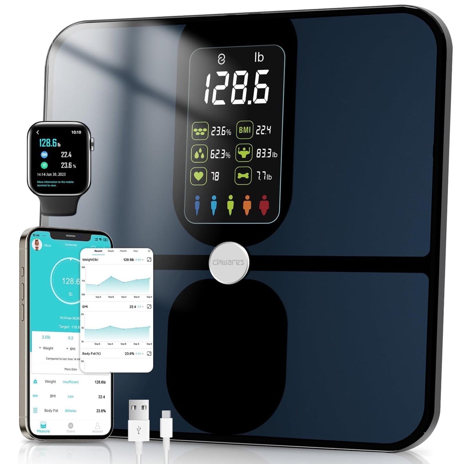 CHWARES Rechargeable Weight Scale , Scale for Body Weight with Large LCD Display, Smart Digital Scale with Body Fat 15 Metrics Body Composition Analyzer for BMI Heart Rate 400lbs, Black