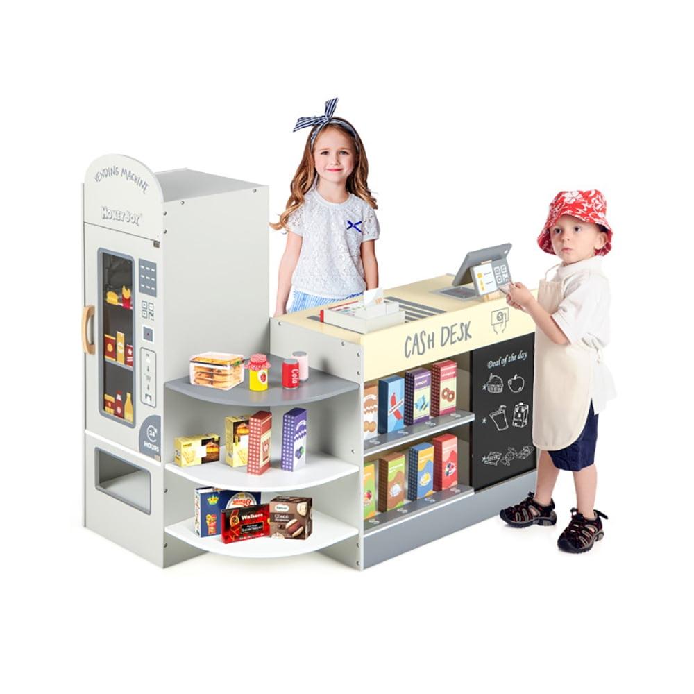 Canddidliike Kids Grocery Store Playset with Cash Register POS Machine, Gifts for Boys and Girls Aged 3-8, Gray, Play Kitchen for Kids, Wooden Kids Play