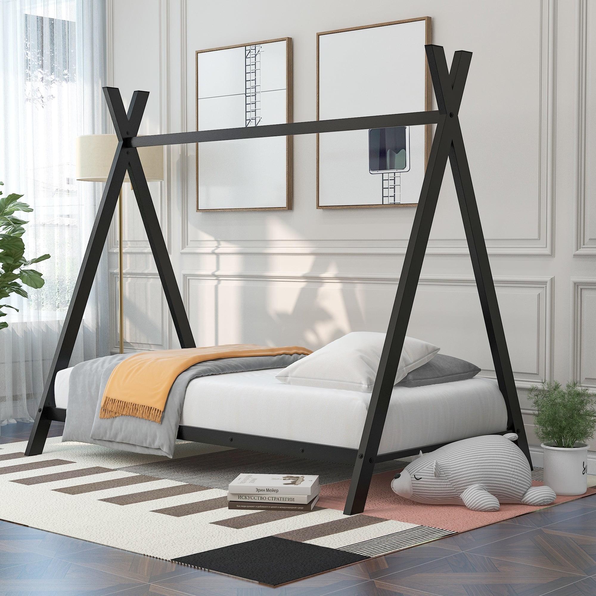 CITYLE Twin House Bed with Roof for Kids, Toddlers, Teens, Metal House Bed Frame with 20 Slats, Kids Twin Bed, No Box Spring Needed, Black