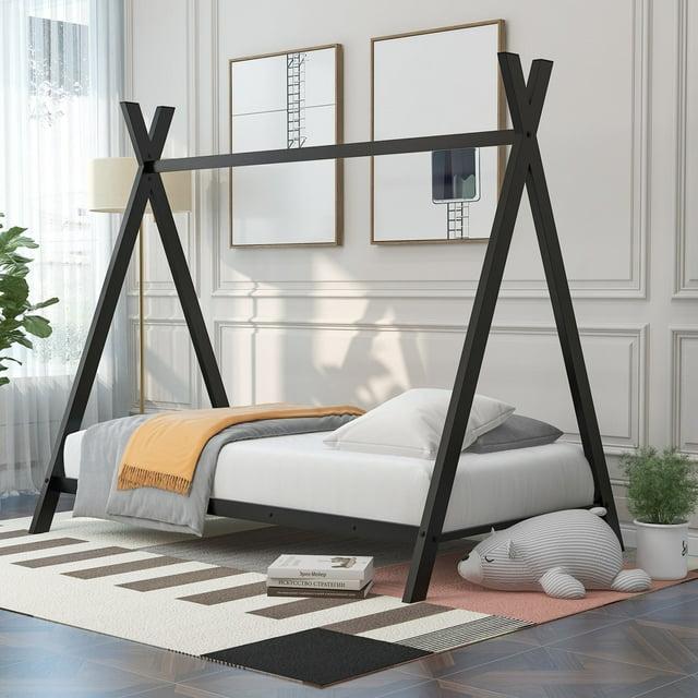 CITYLE Twin House Bed with Roof for Kids, Toddlers, Teens, Metal House Bed Frame with 20 Slats, Kids Twin Bed, No Box Spring Needed, Black
