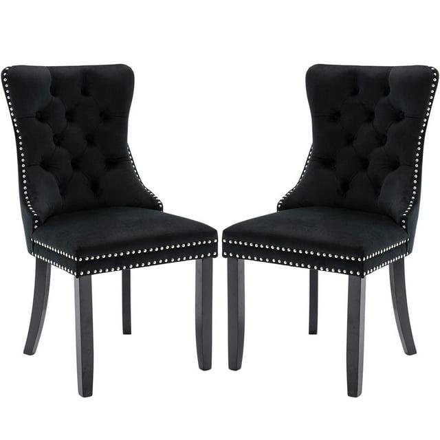 ODUSE-DAILY Black Velvet Dining Chairs Set of 2, Kitchen & Dining Room Chairs, Sillas De Comedor, Nailheads Tufted, Velvet Upholstered, Solid Wood (Black, 2 Pcs)