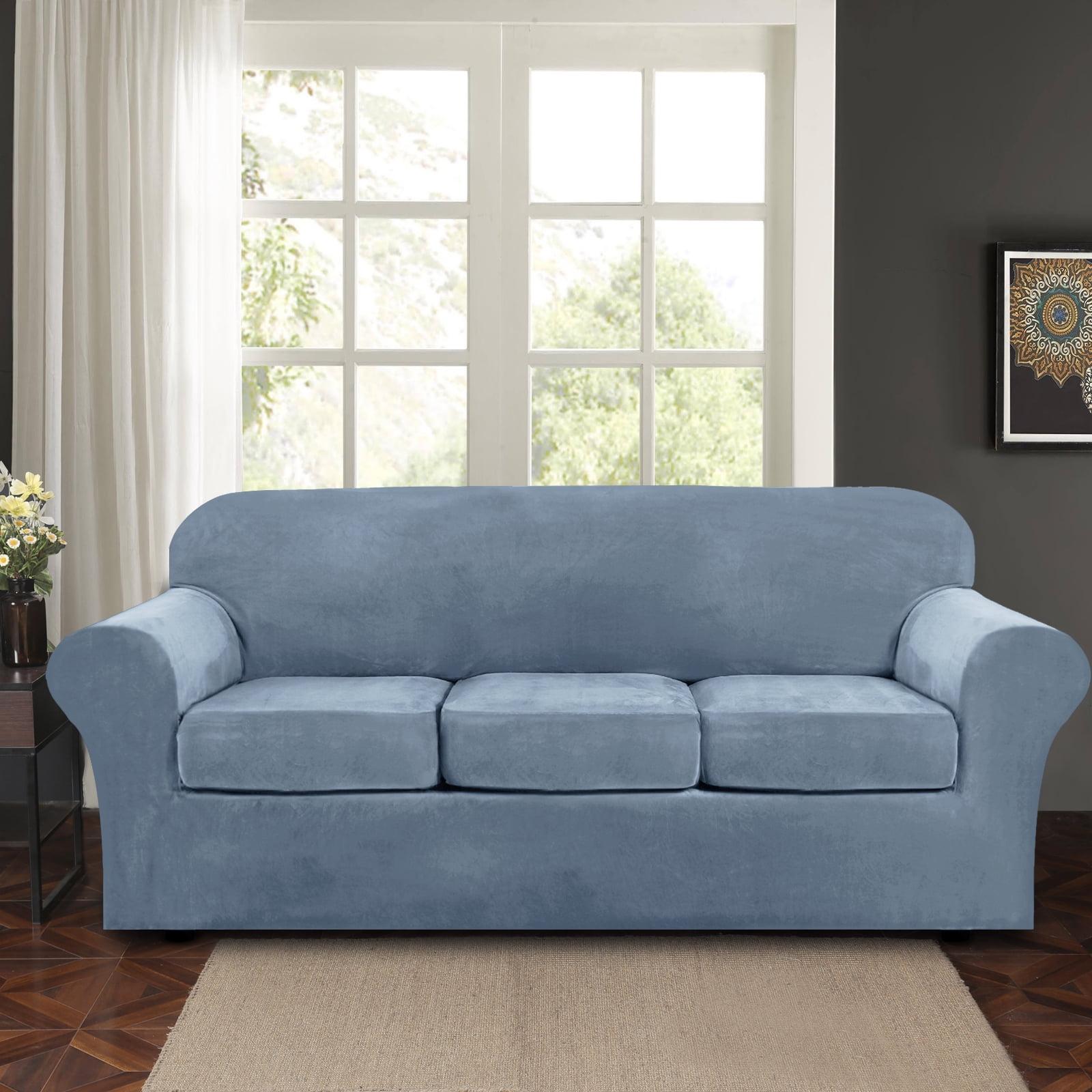 Gray Blue Velvet Plush 3-Seater Sofa Cover with Separate Cushion Covers