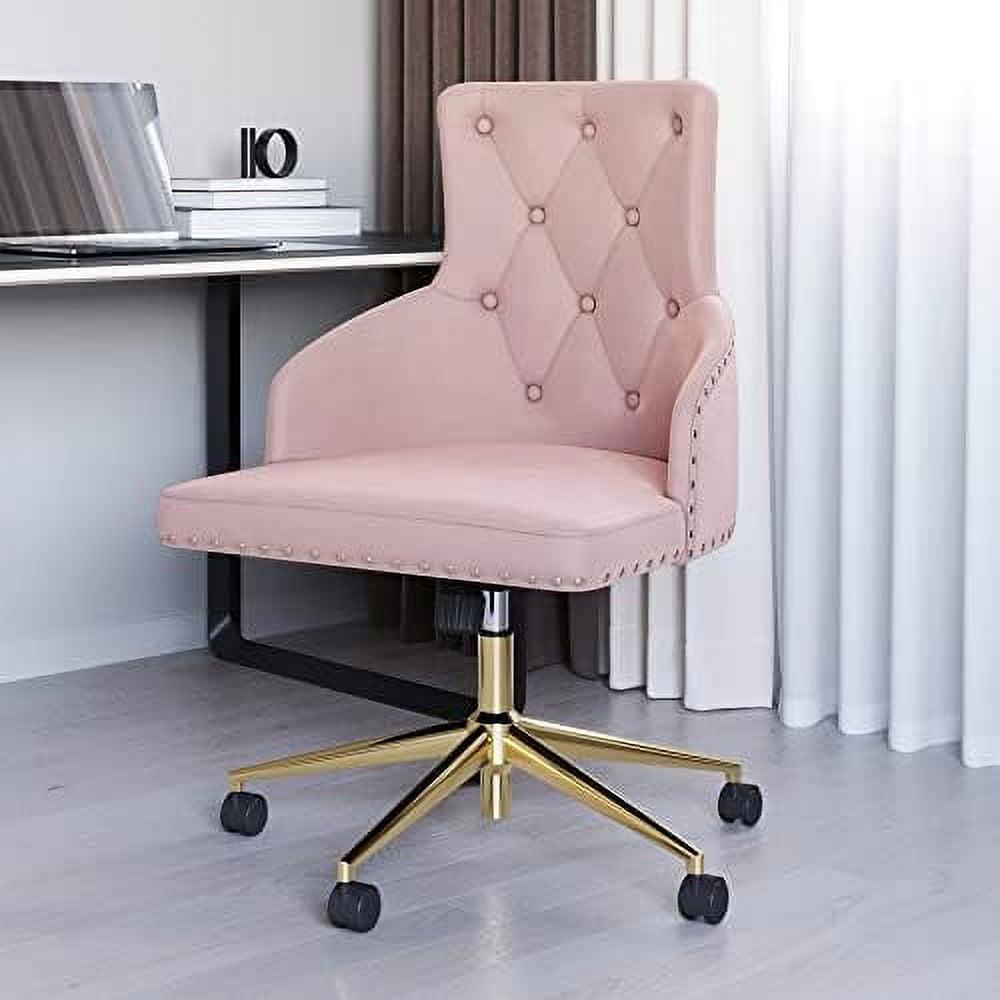 BELLEZE Belden Swivel Computer Desk Chair, Button-Tufted Upholstered Fabric with Nailhead Trim, Mid-Back Accent Armchair Adjustable Height, Pink & Gold