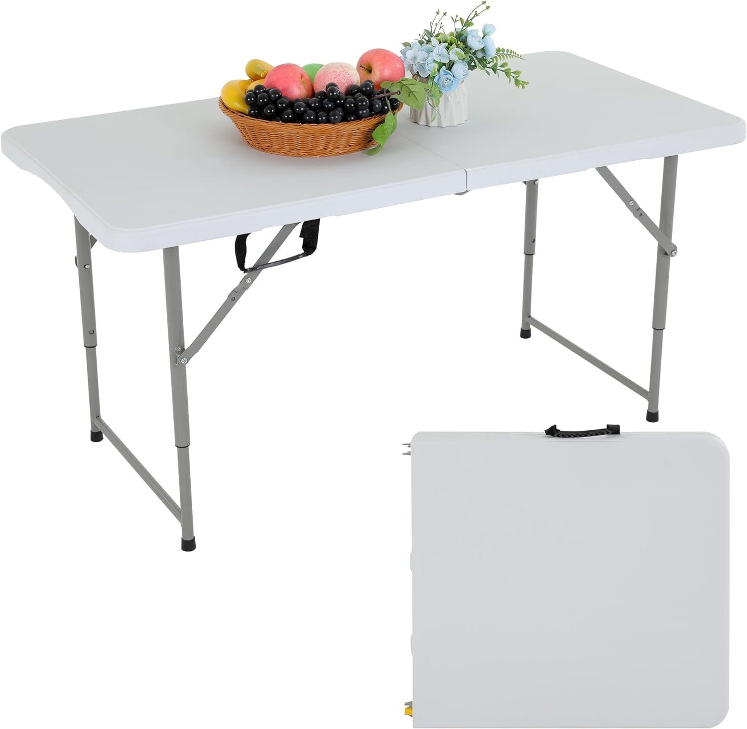 CL.HPAHKL 4 ft Folding Table with 3 Adjustable Height, Small Plastic Foldable Table with Carrying Handle, Portable Camping Table Fold in Half for Indoor Outdoor Camping, Picnic and Party, White