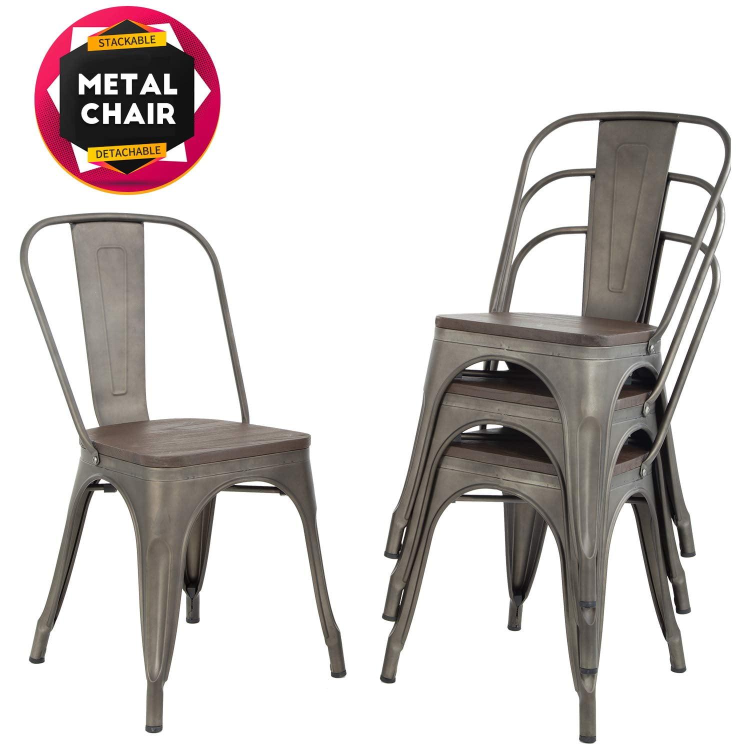 CL.HPAHKL Dining Chairs Set of 4 Indoor Outdoor Chairs Patio Chairs Metal Chairs Restaurant Chair 18 Inch Wooden Seat Height Tolix Side Bar Chairs Metal Kitchen Stackable Chair,Bronze