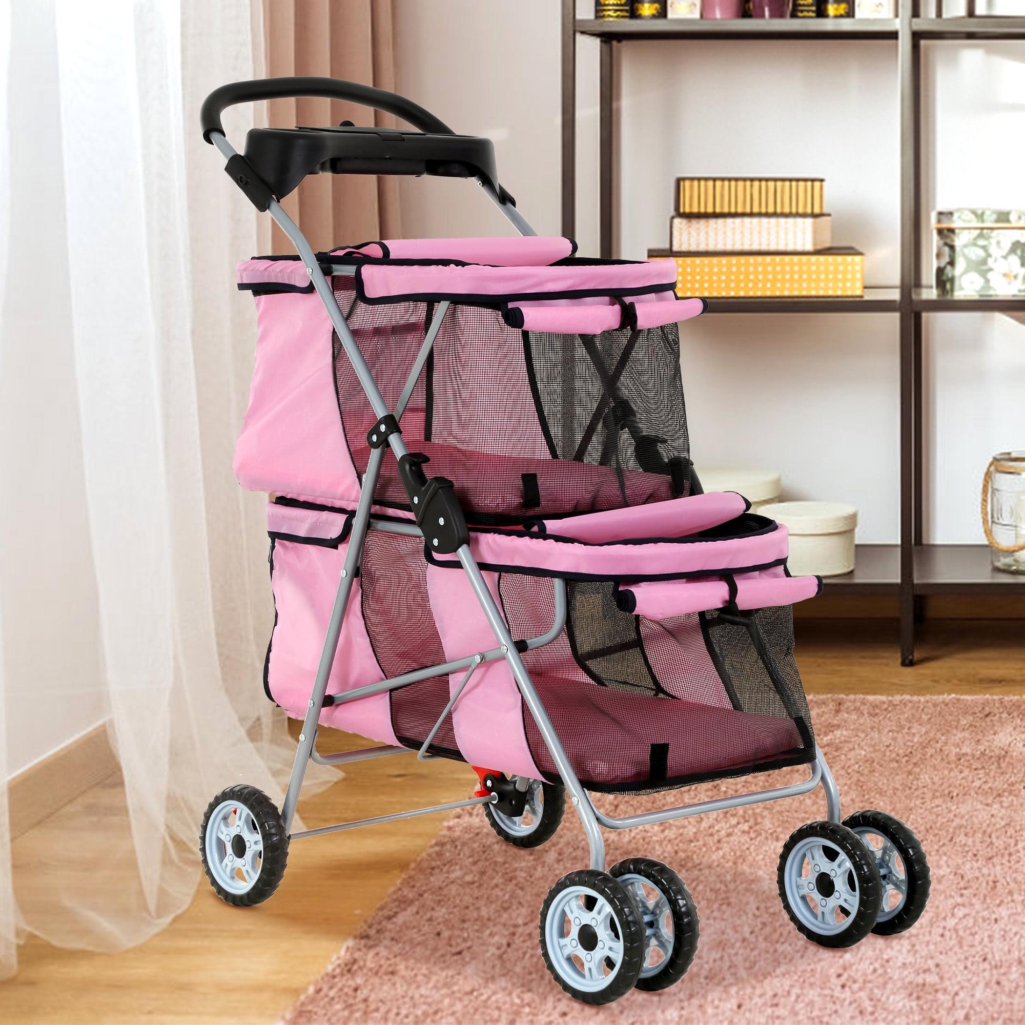 FDW 4 Wheel Pet Stroller Folding Dog Cat Stroller for Small and Medium Pets with Storage Basket Double Decker & Mesh Windows