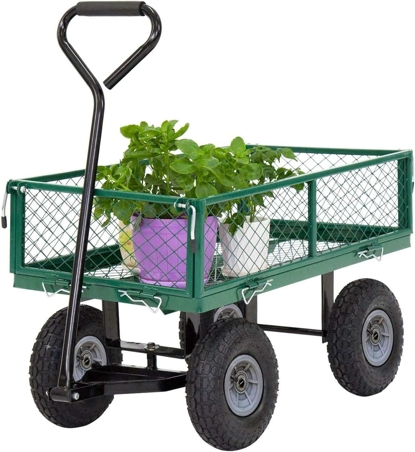 CL.HPAHKL Metal Garden Wagon Cart, Heavy Duty 400 Lbs Capacity Outdoor Garden Cart Beach Wagon with Wheels and Rotating Handle, Utility Wagon Cart for Beach Lawn Yard