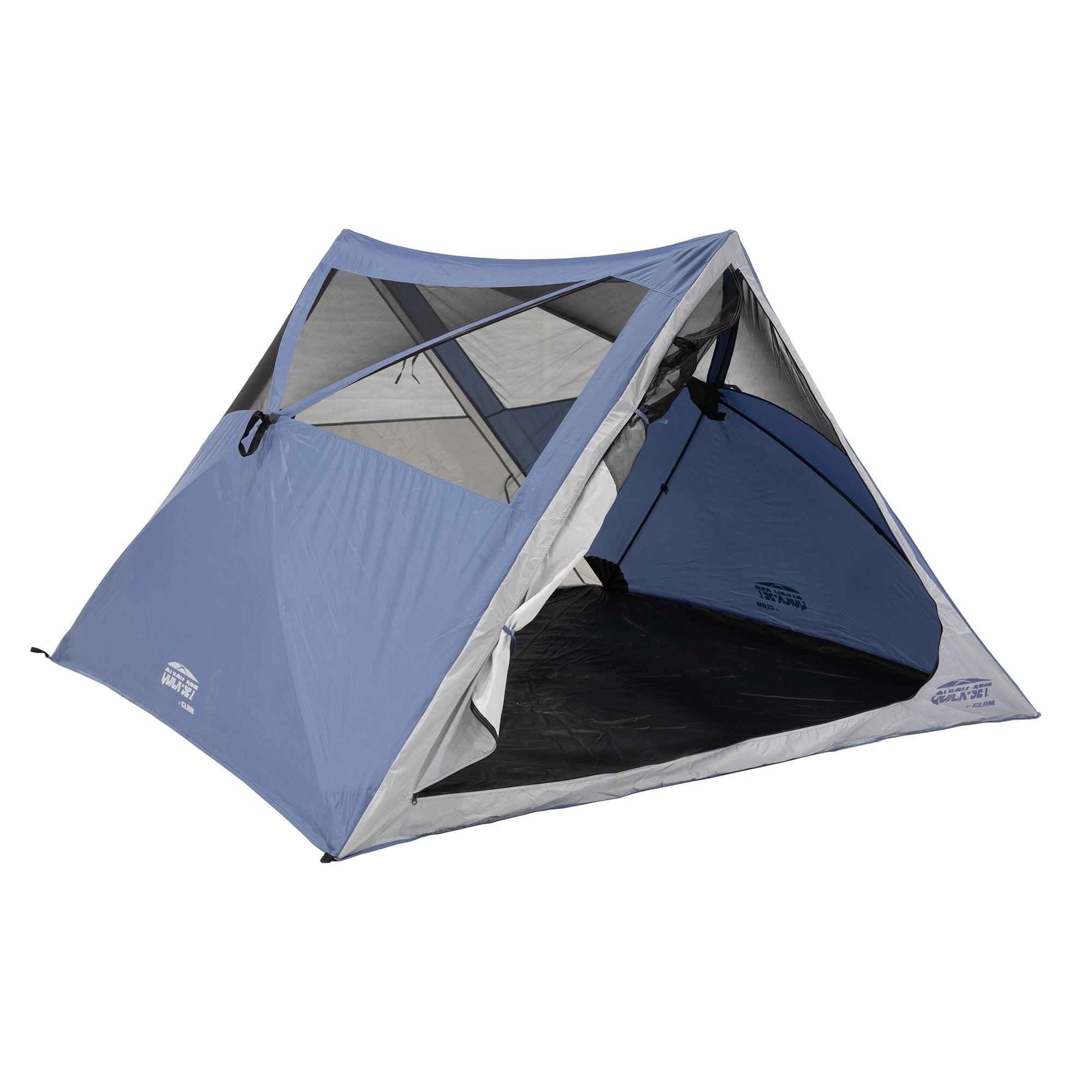 CLAM Quick-Set Apex A-Frame Tent, 8 x 8 Foot Portable Pop Up Tent Outdoor, 3 Person Camping Shelter with 2 Entry Doors & Rain Fly, Blue/Gray