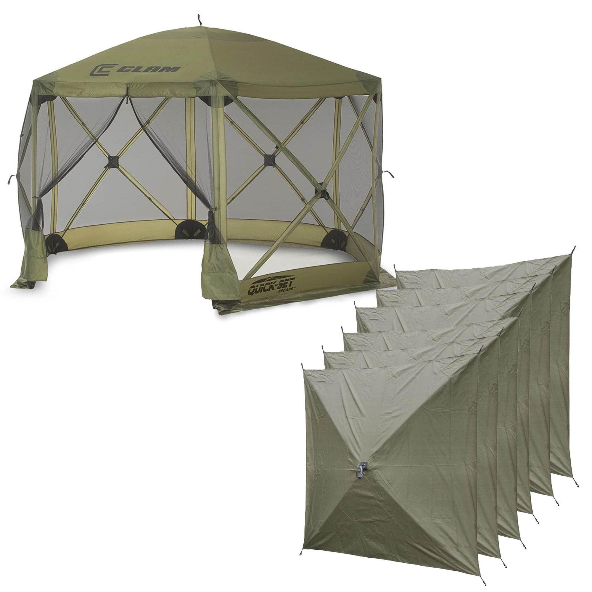 CLAM Quick-Set Escape 11.5 x 11.5 Ft Portable Pop-Up Outdoor Camping Screen Tent 6-Sided Canopy Shelter w/ Carry Bag & 6 Sun and Wind Panels, Green