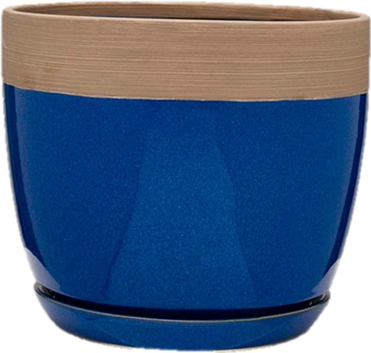 Ana Navy Ceramic 12" Planter with Wood-Look Rim and Drainage