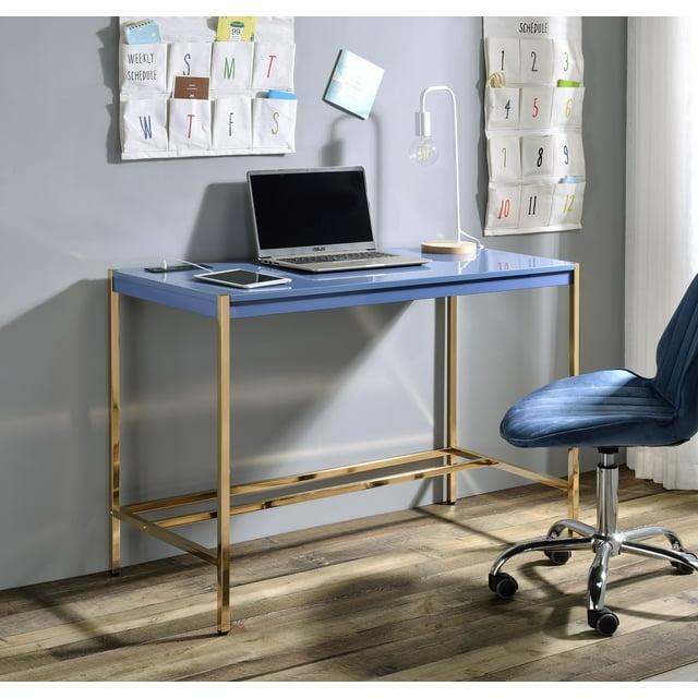 Mercer41 Navy Blue and Gold Writing Desk with USB Ports, Modern Design for Enhanced Workspace and Connectivity