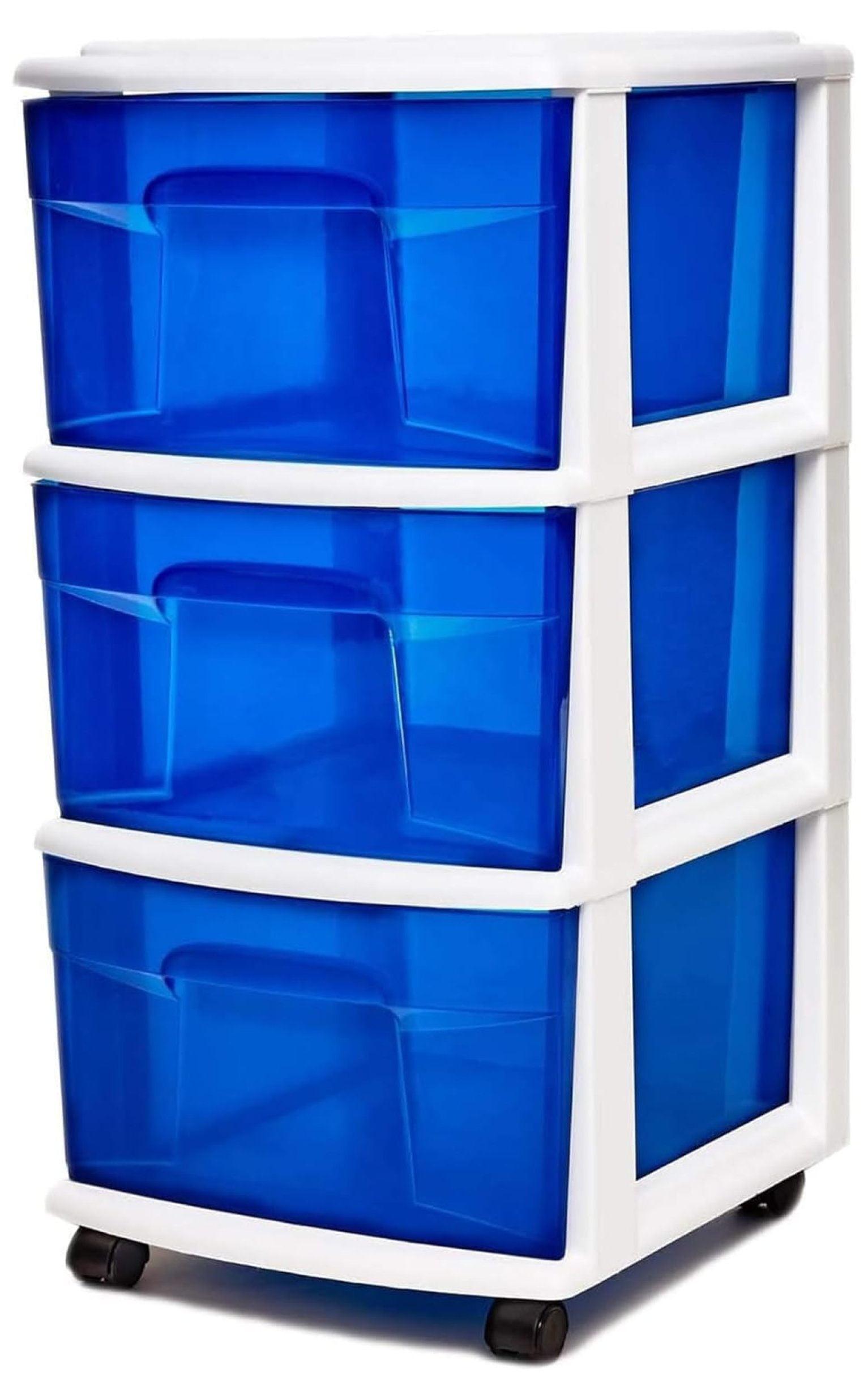 CLkPde Plastic 3 Drawer Medium Home Organization Storage Container Tower with 3 Large Blue Drawers and Removeable Caster Wheels, White Frame