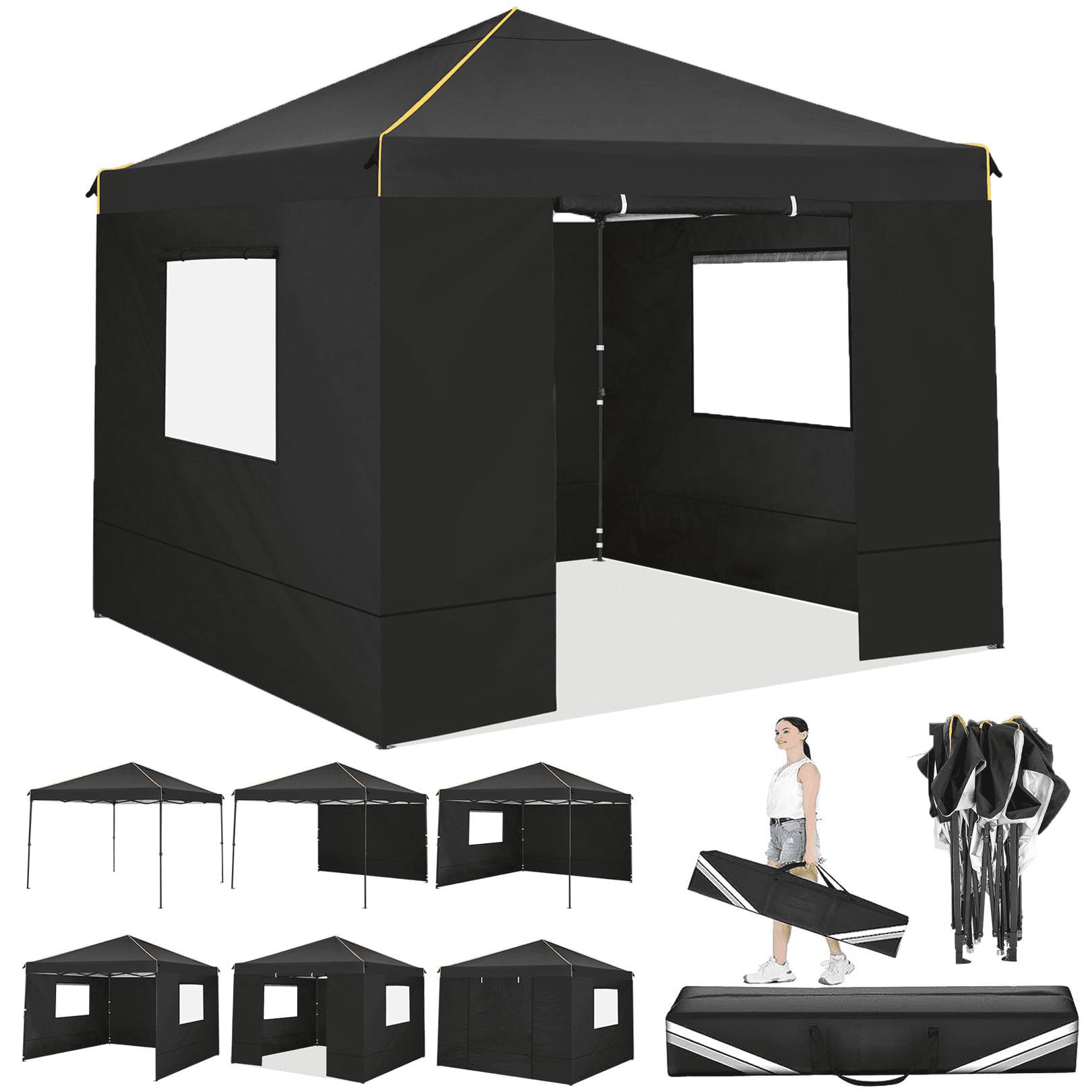 COBIZI 10X10 Pop-up Waterproof Canopy with Mesh Window, Carry Bag, Easy to Carry, 4 Removable Sidewalls, 4 Stakes & Ropes, Outdoor Tents for Party/Exhibition/Picnic,Black