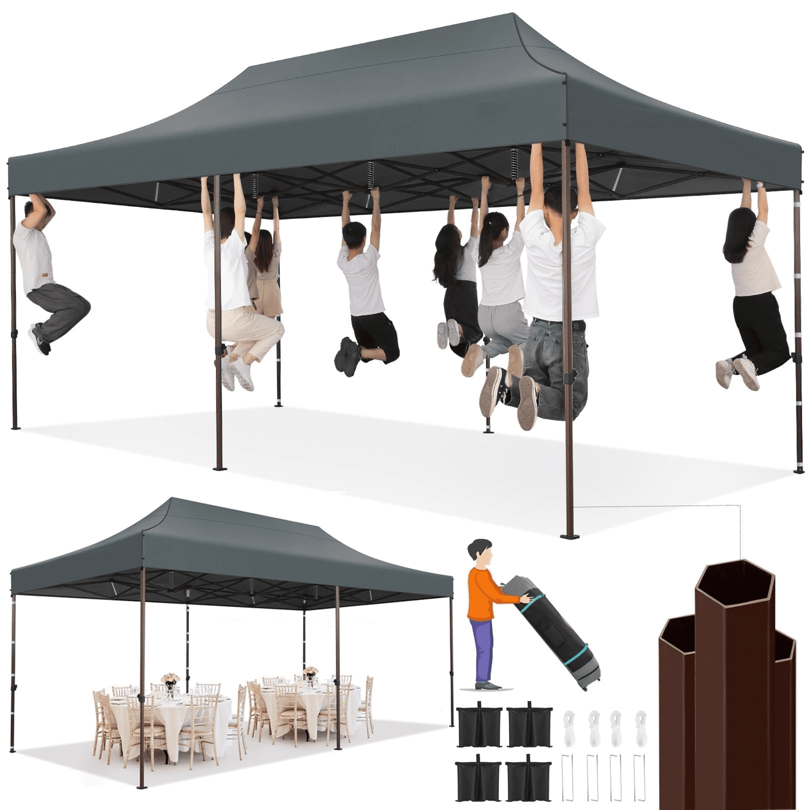 Gray 10' x 20' Heavy Duty Pop-Up Canopy Tent with Roller Bag