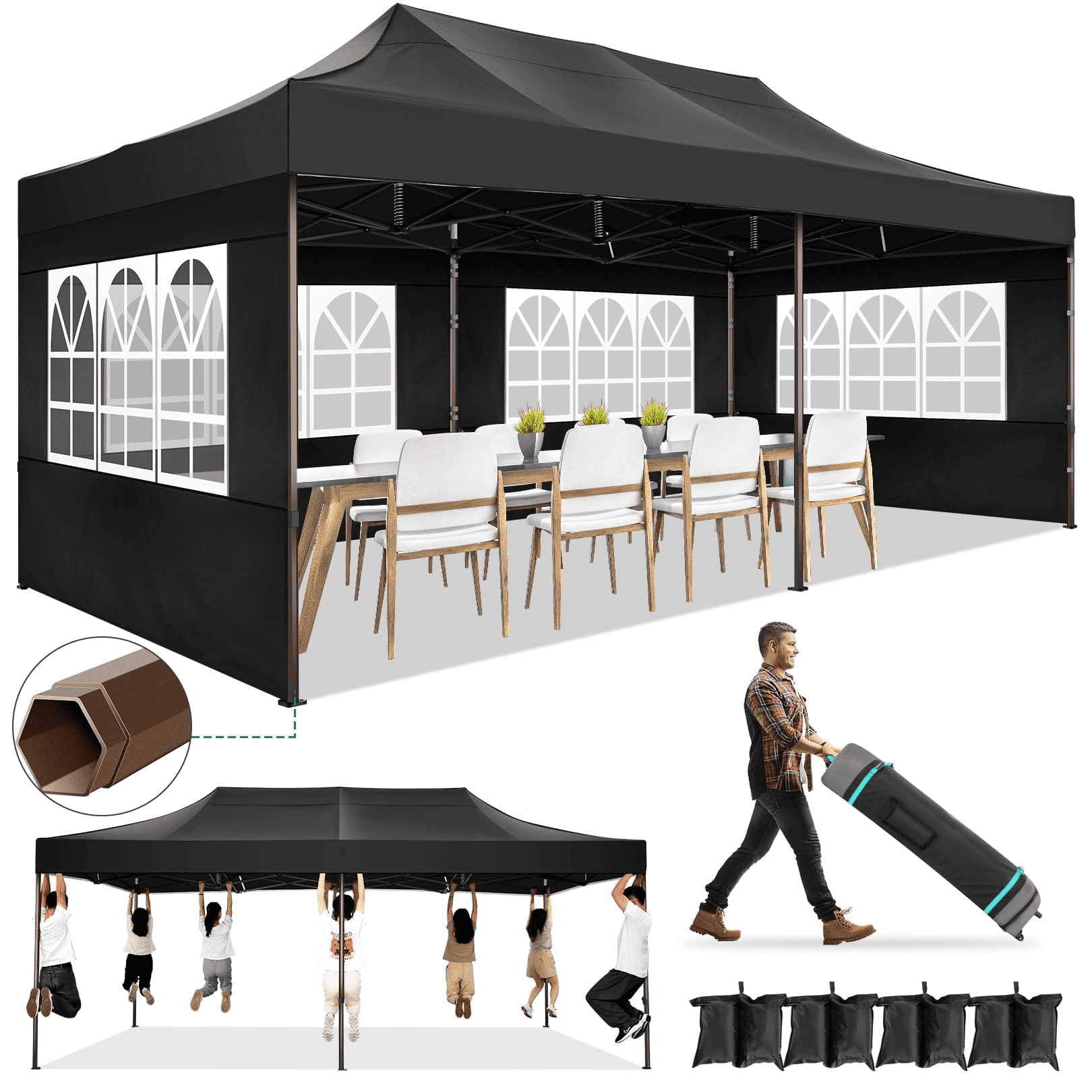 COBIZI Canopy Tent 10X20 Pop up Hollow Tent with 6 Removable Side Walls,Outdoor Event Party Canopy,Instant Portable,Suitable for Parties,Weddings,Camping and Beaches,with Wheeled Bag,Black