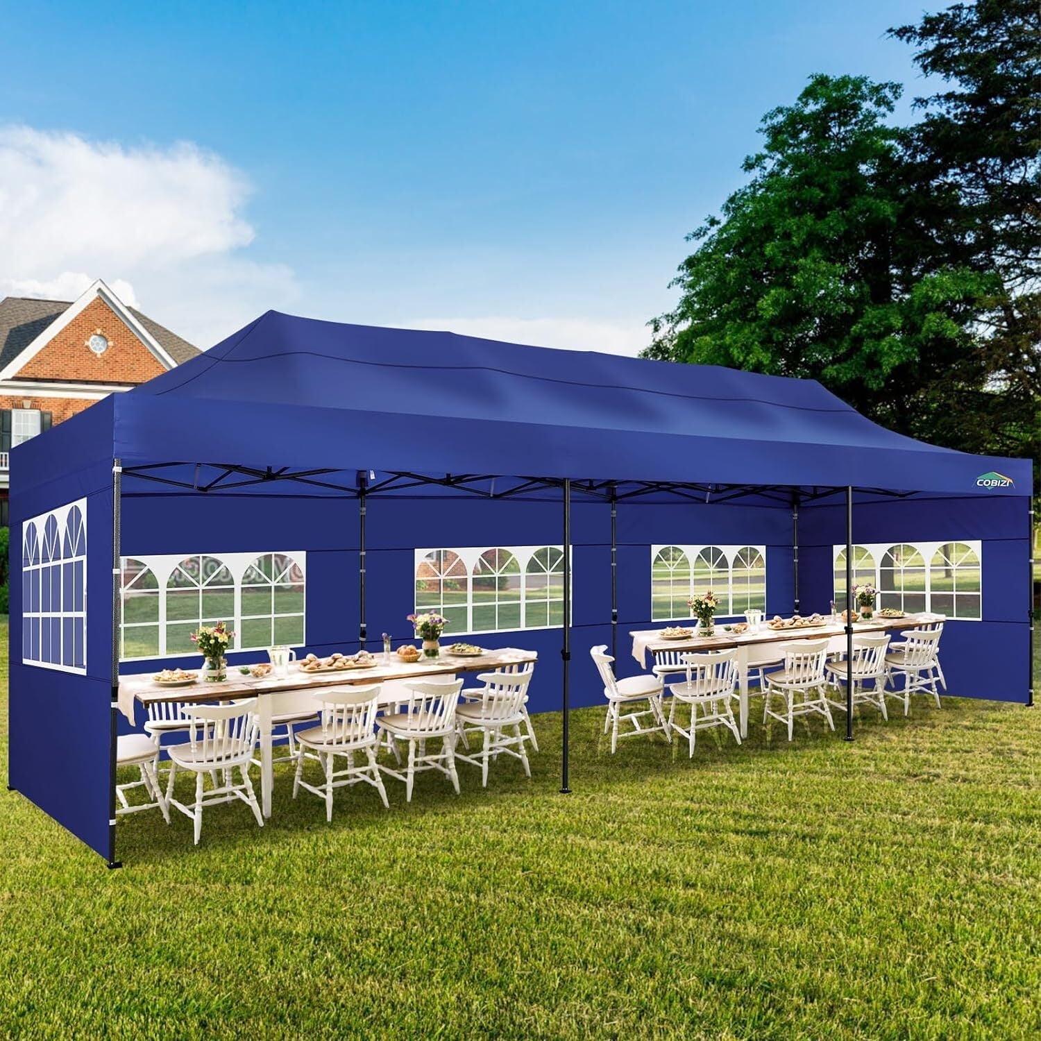 COBIZI 10x30 Heavy Duty Pop Up Canopy with 5 Sidewalls, Waterproof and UV50+ Party Tent for Weddings, Patio, Commercial Use, Includes Roller Bag & 4 Sandbags, Dark Blue