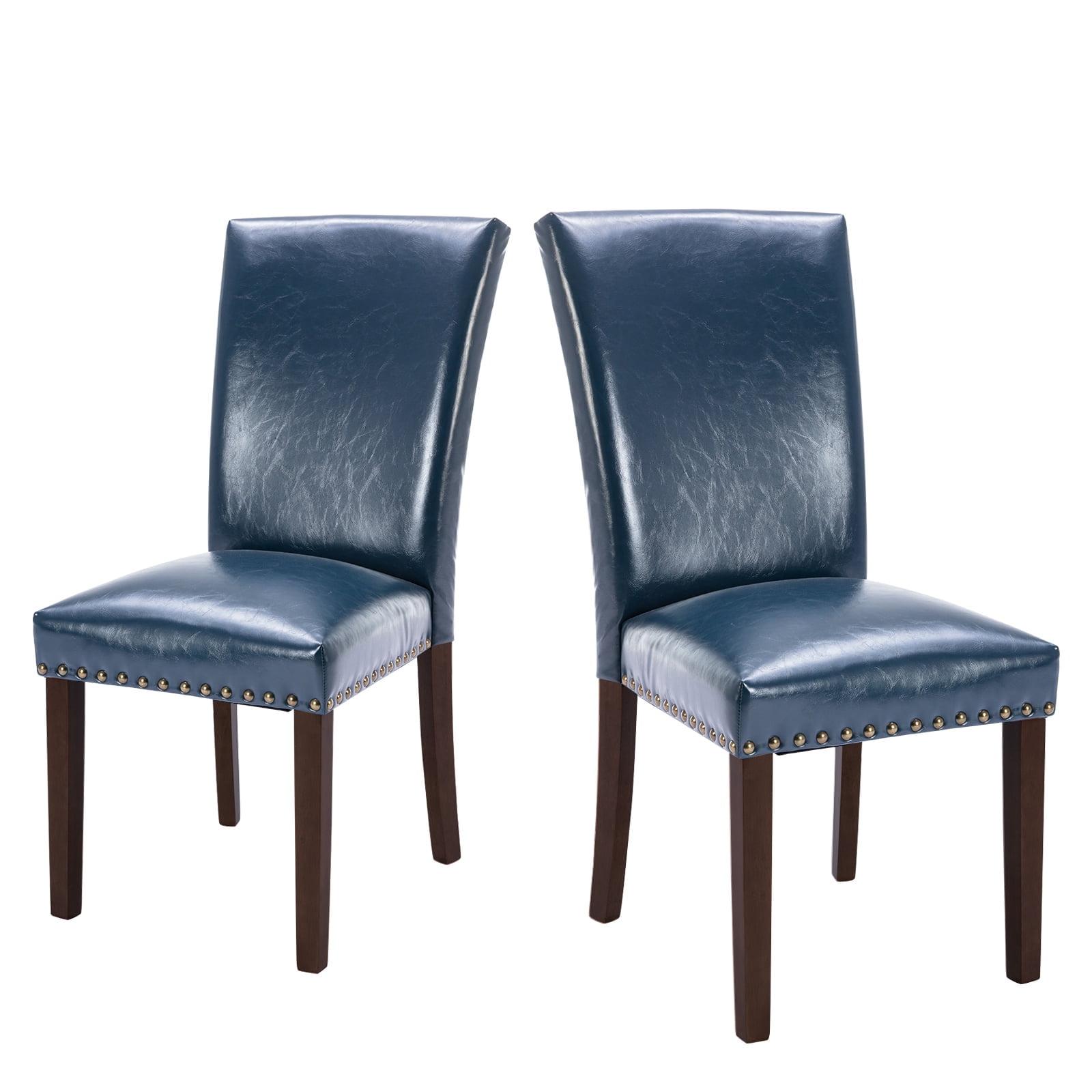 COLAMY Upholstered Dining Chairs Set of 2, PU Leather Dining Room Chairs with Nailhead Trim and Wood Legs - Blue