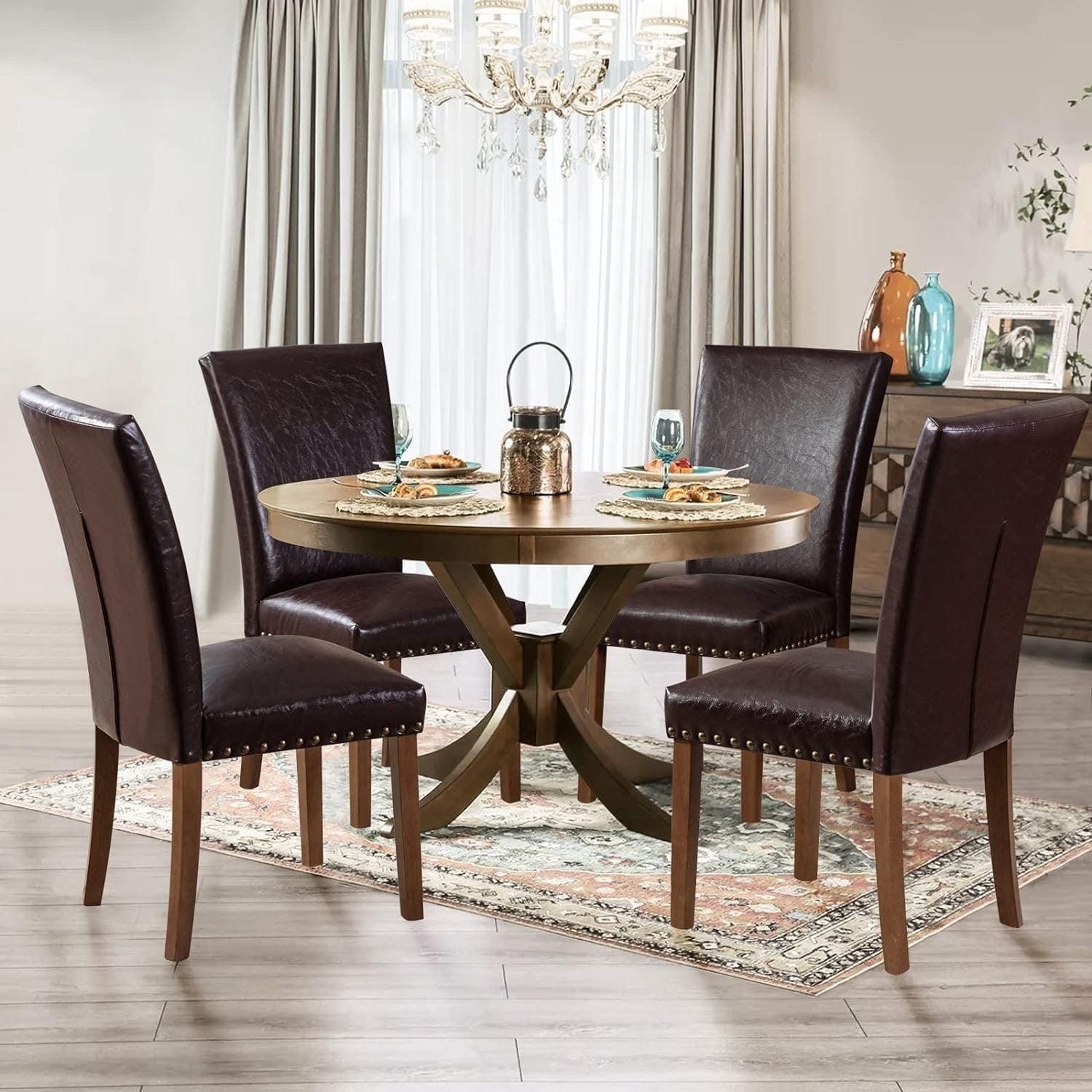 COLAMY Upholstered Parsons Dining Chairs Set of 2/4/6, Fabric Dining Room Kitchen Side Chair with Nailhead Trim and Wood Legs Set of 4 - L-DarkBrown