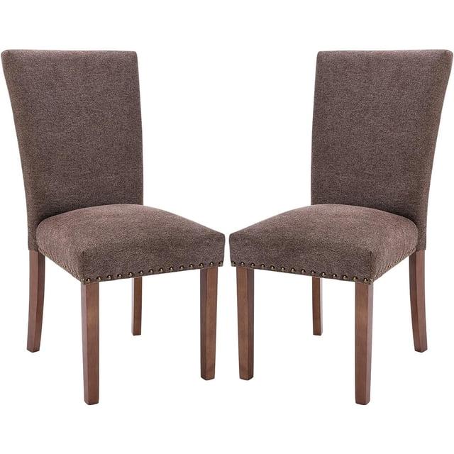 Ora Maison Upholstered Parsons Dining Chairs Set of 2/4/6, Fabric Dining Room Kitchen Side Chair with Nailhead Trim and Wood Legs Set of 2 - F-Brown