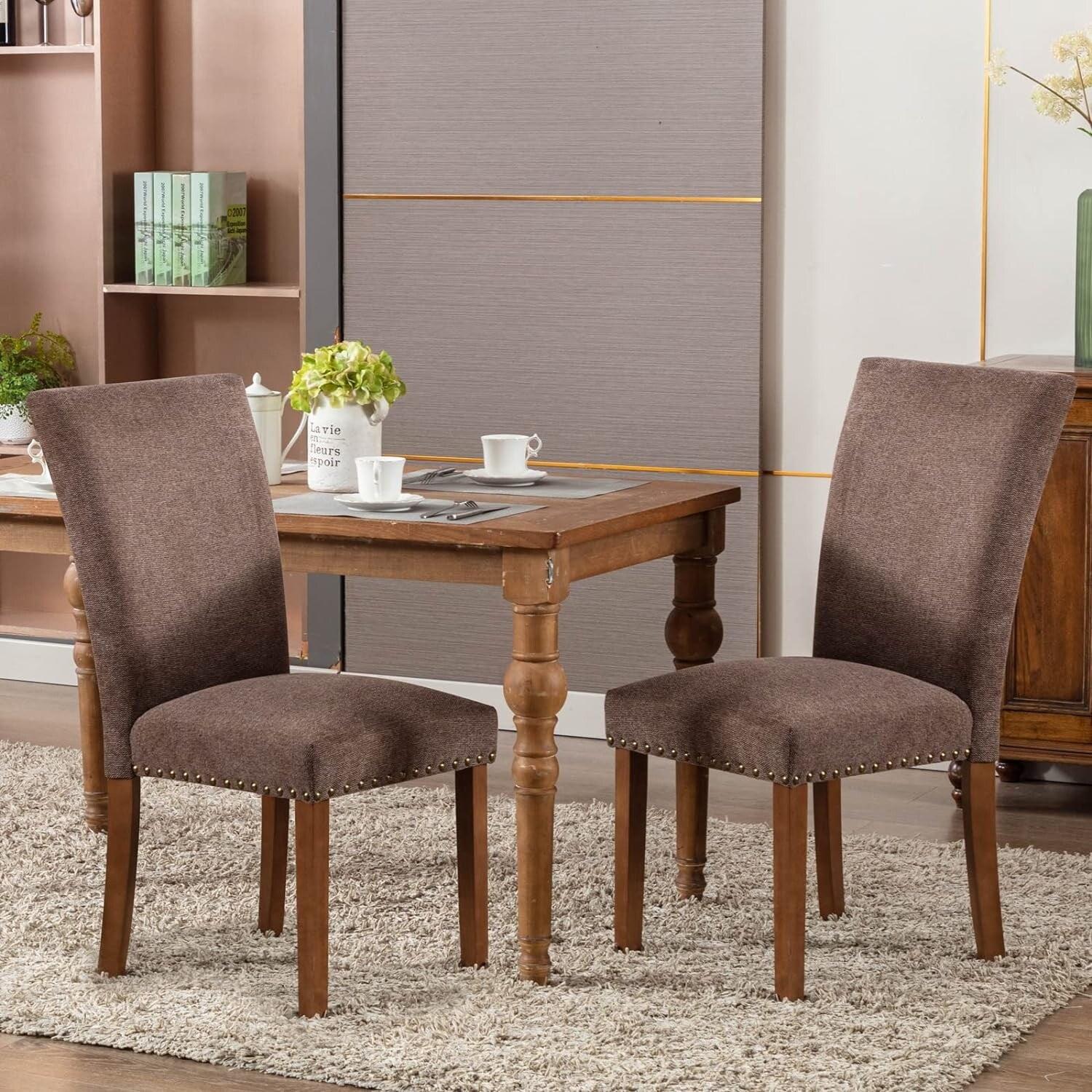 Ora Maison Upholstered Parsons Dining Chairs Set of 2/4/6, Fabric Dining Room Kitchen Side Chair with Nailhead Trim and Wood Legs Set of 2 - F-Brown