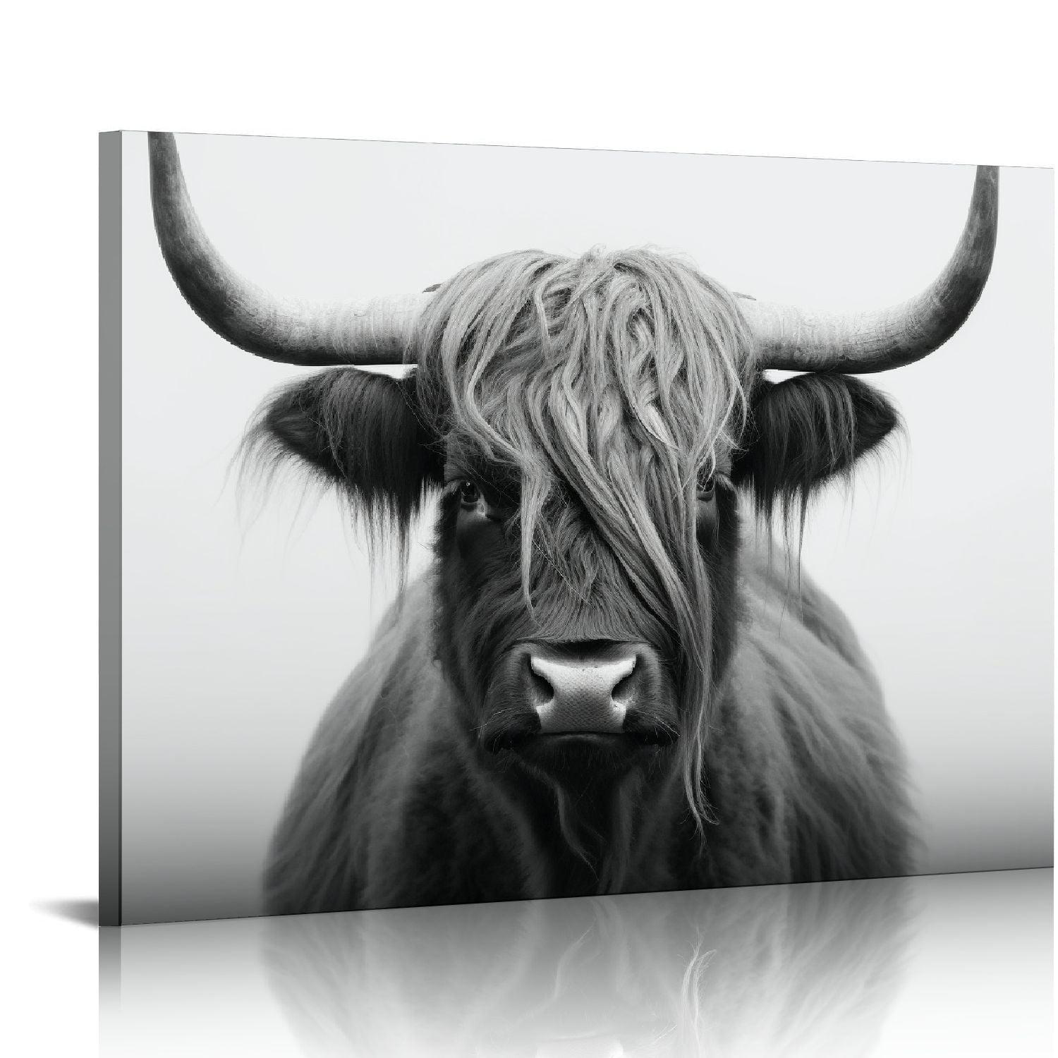 JEUXUS Highland Cow Wall Art, Cow Pictures Wall Decor, Rustic Black and White Funny Highland Cow Wall Art Canvas Poster, 20x16in Framed Ready to Hang, Farmhouse Longhorn Canvas Wall Art Decor