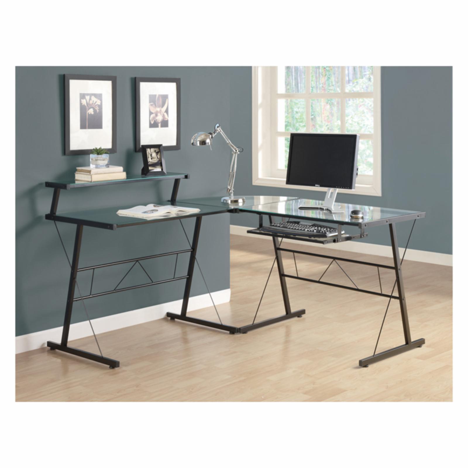 Monarch Specialties Computer Desk Home Office Corner L Shape Work Laptop Metal Tempered Glass Black Clear Contemporary Modern