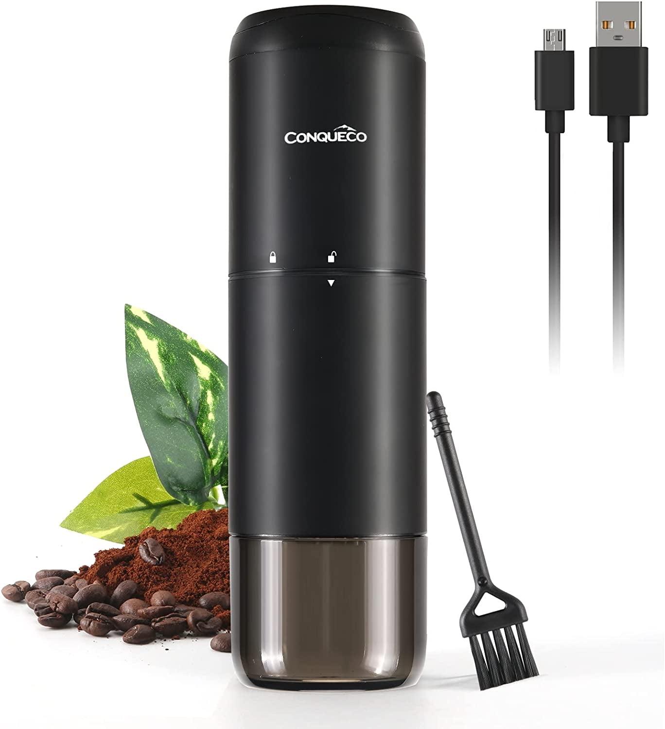 CONQUECO Portable Electric Coffee Grinder with Stainless Conical Burr, Rechargeable Professional Coffee Bean Grinding Machine with Multiple Settings, Black