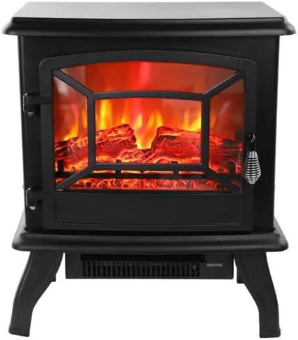 Electric Fireplace Heater, 17" Freestanding Space Heater Fireplace Stove with 3D Realistic Flame, 1400W Portable Electric Heater for Indoor Use, Thermostat, Overheating Protection - Black