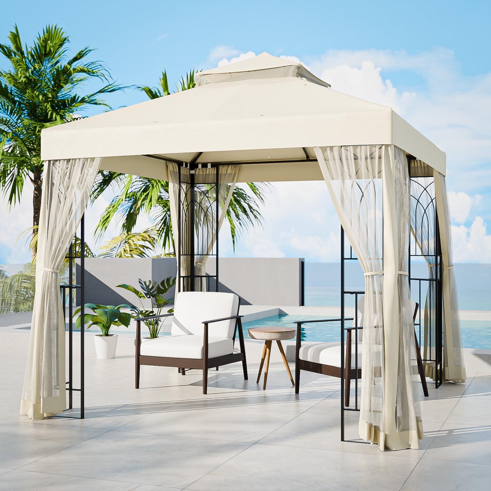 COOS BAY 8 Ft. W x 8 Ft. D Steel Frame Vented Soft Top Patio Gazebo with Mesh Netting, Corner Shelves