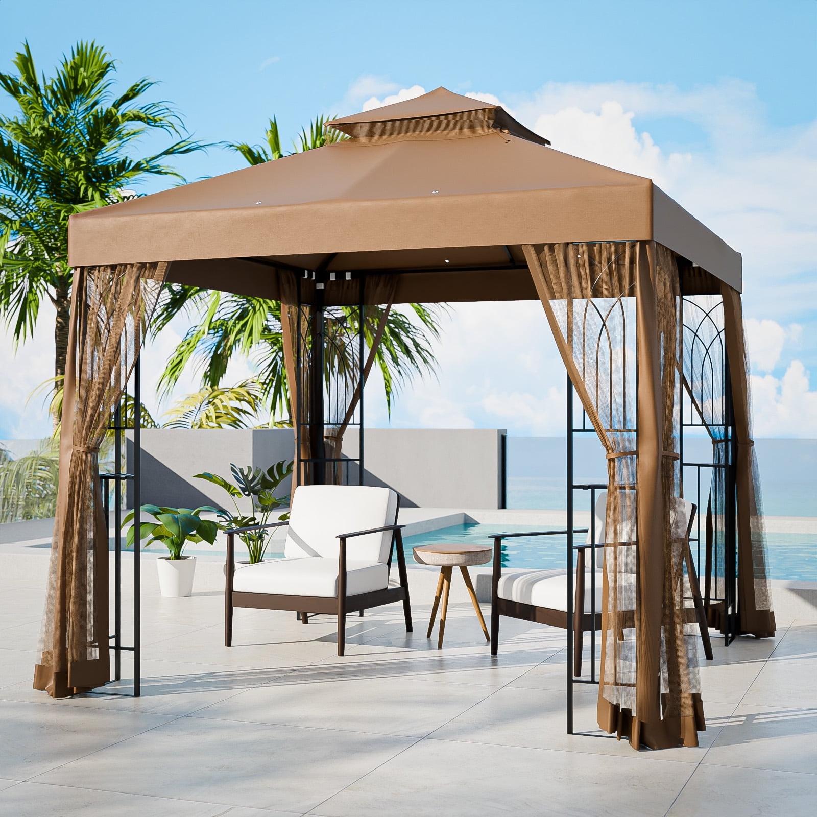 COOS BAY 8 Ft. W x 8 Ft. D Steel Frame Vented Soft Top Patio Gazebo with Mesh Netting, Corner Shelves