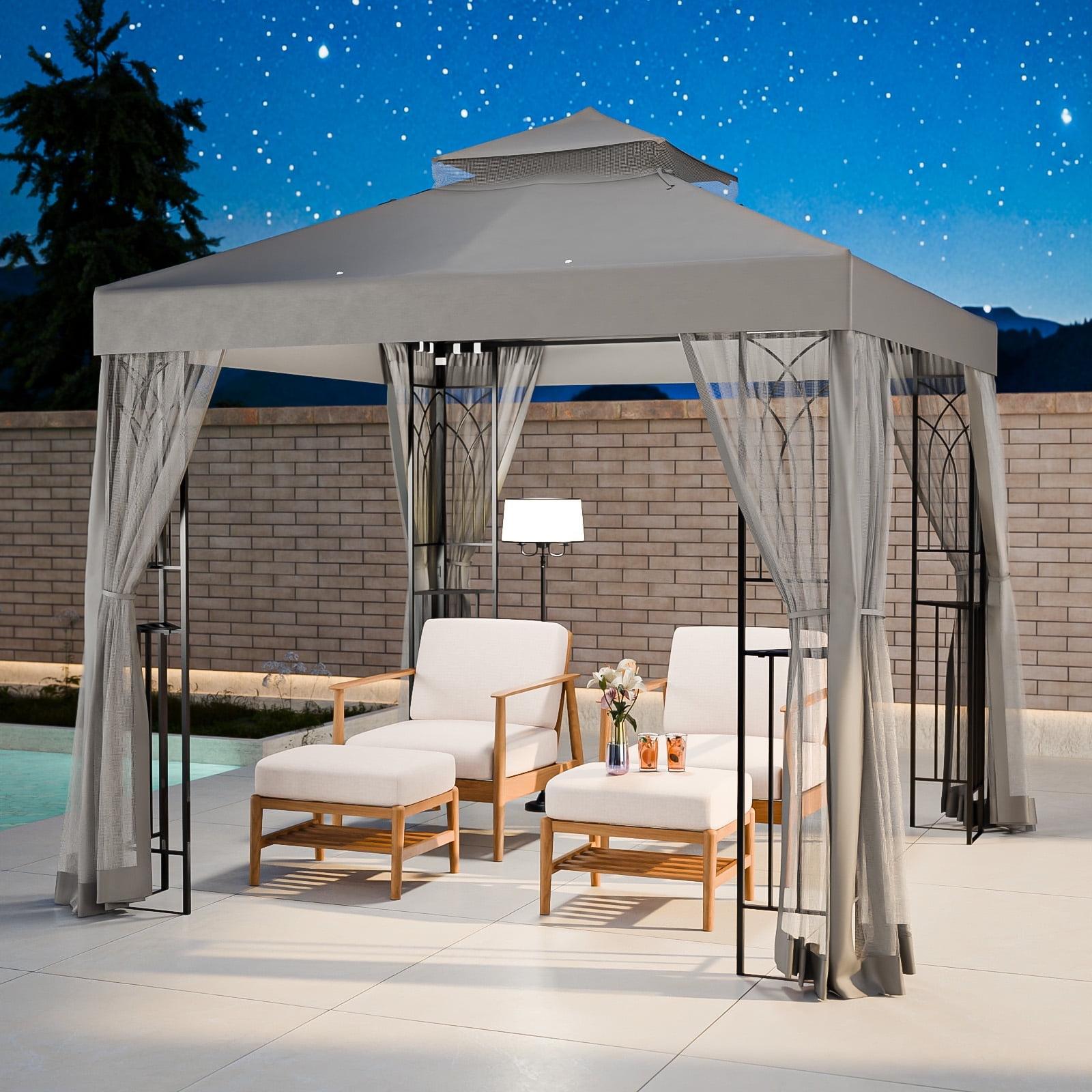 COOS BAY 8 Ft. W x 8 Ft. D Steel Frame Vented Soft Top Patio Gazebo with Mesh Netting, Corner Shelves