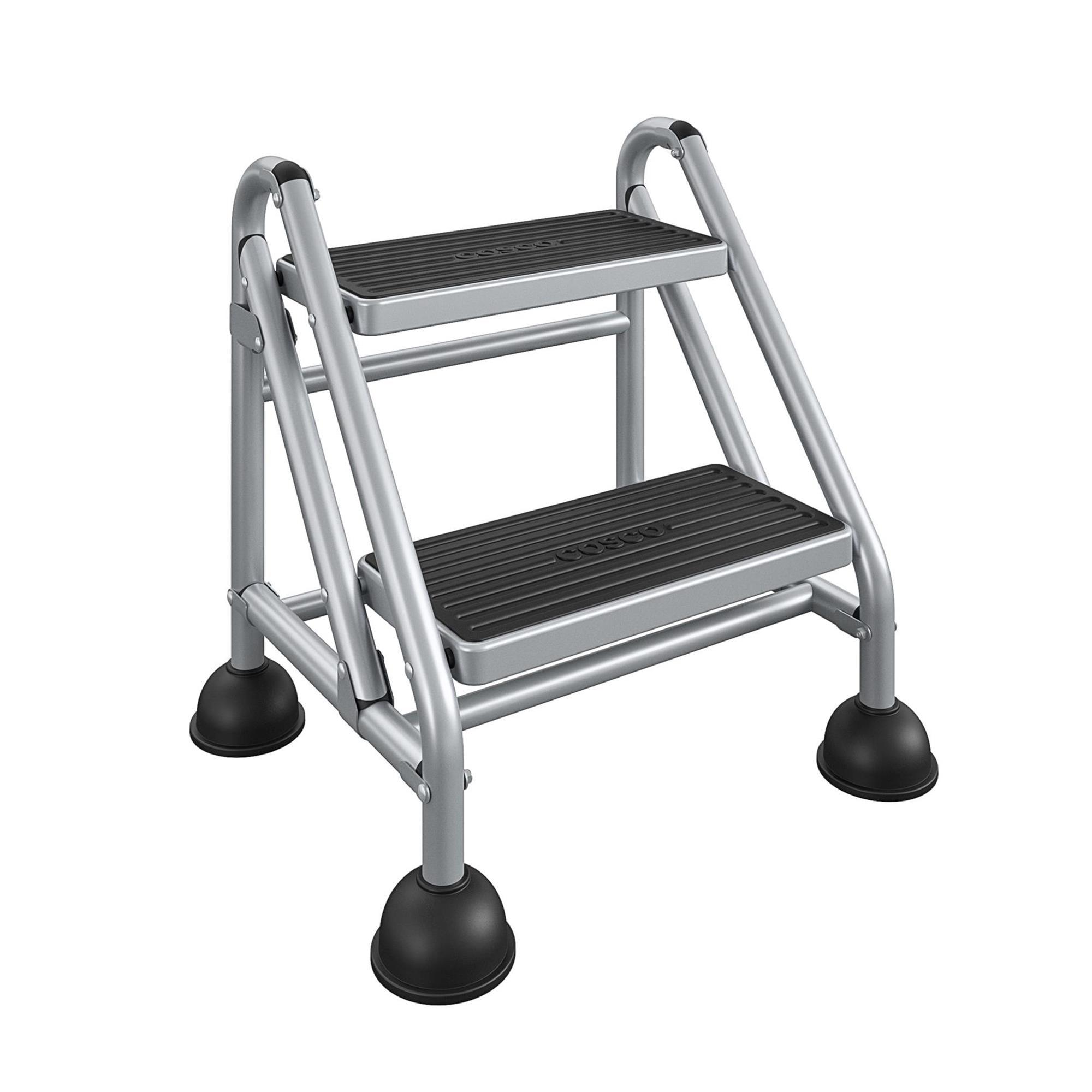 Platinum and Black 2-Step Steel Rolling Step Ladder with Suction Stabilizers