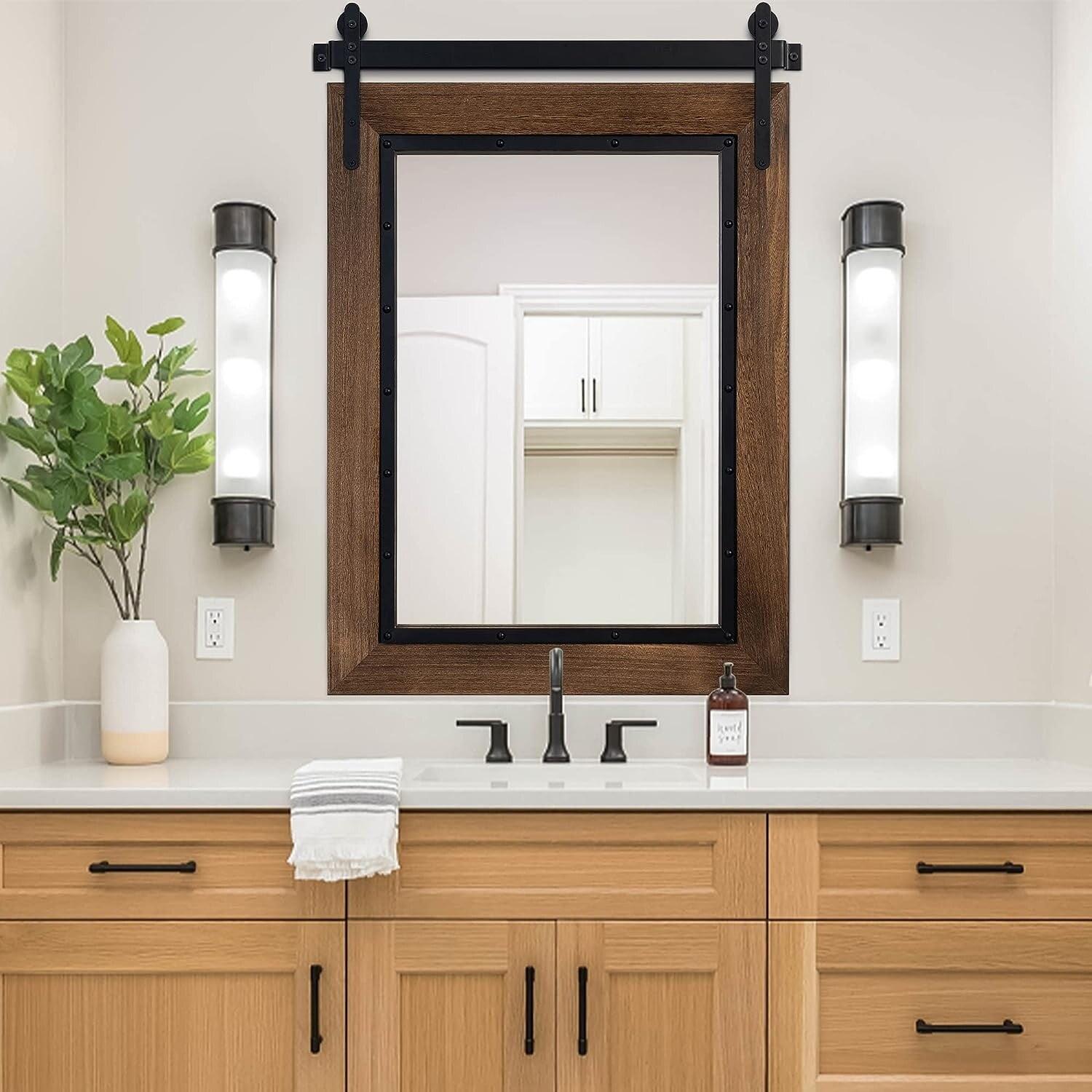 COSMOGO Rustic Barn Door Style Natural Wood Bathroom Wall Vanity Mirror 24"x32"